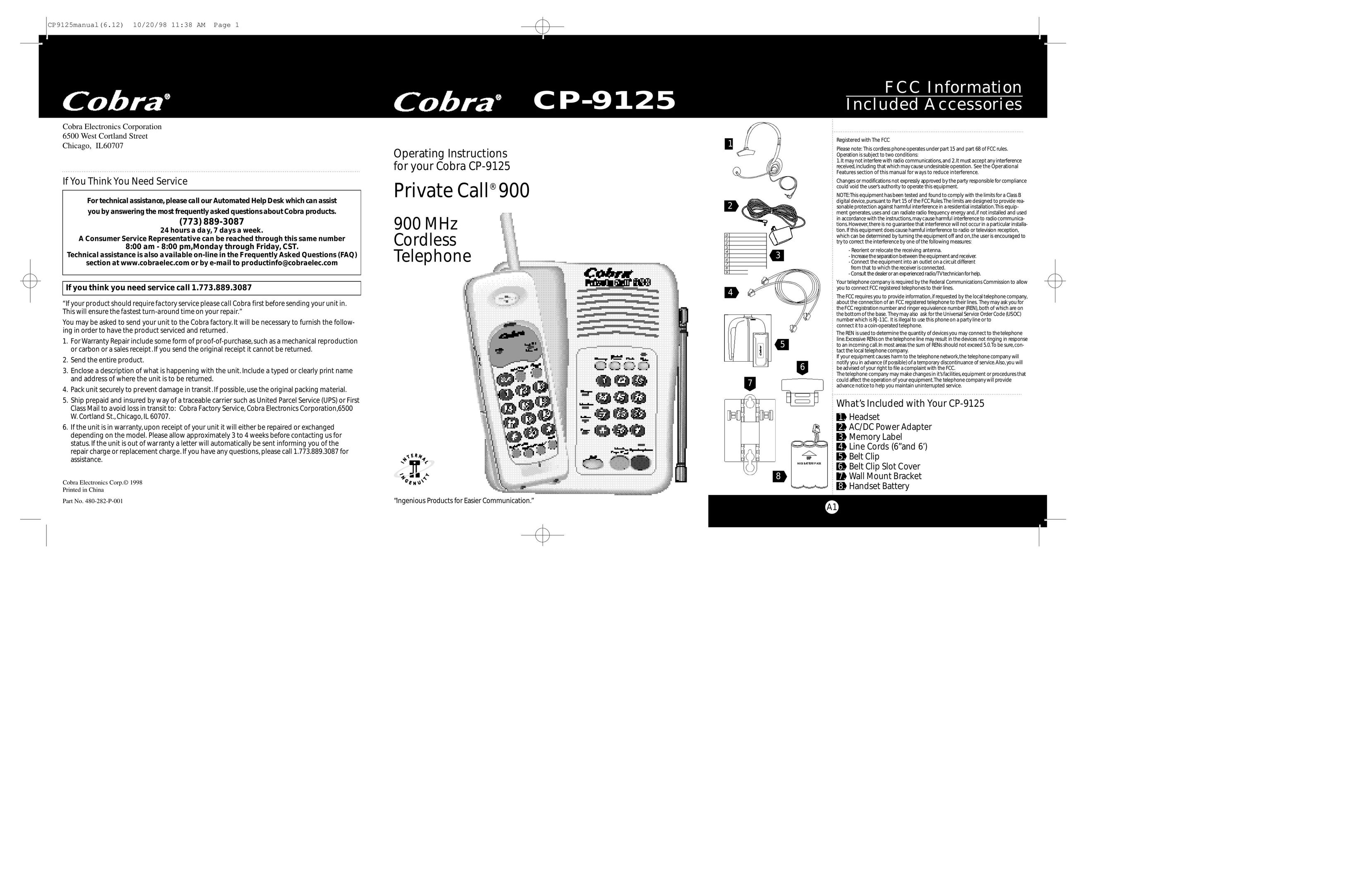Cobra Electronics CP-9125 Cordless Telephone User Manual