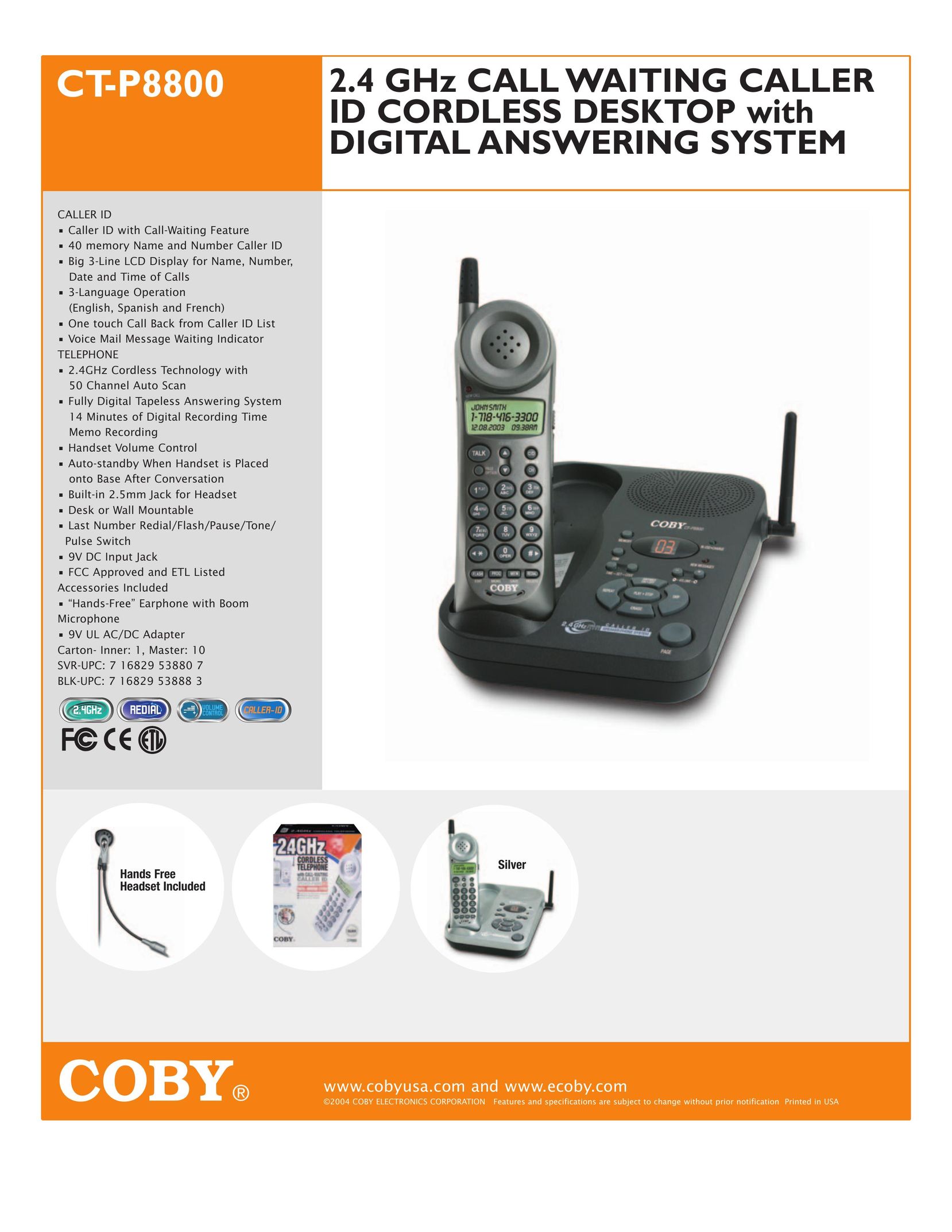 COBY electronic CT-P8800 Cordless Telephone User Manual