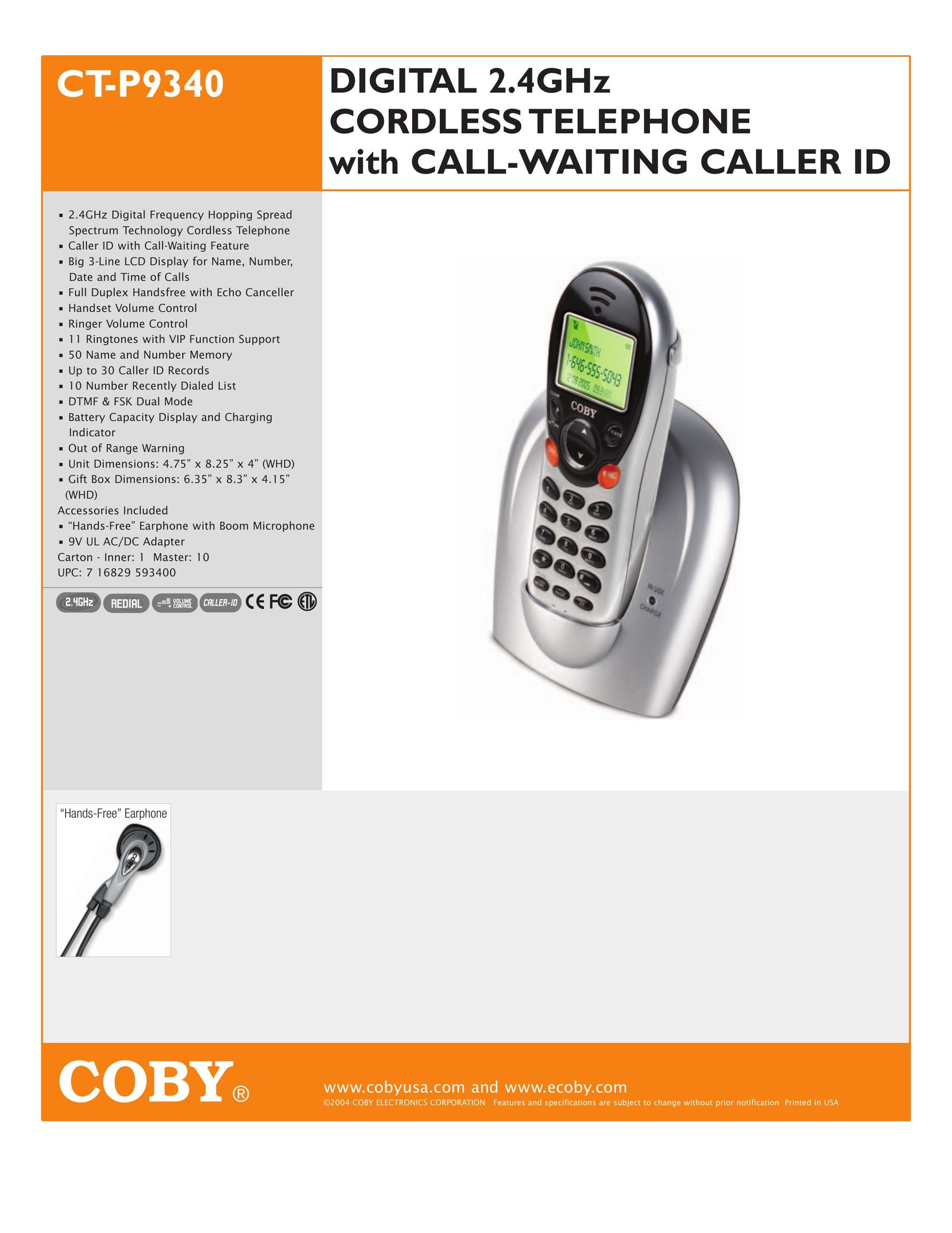 COBY electronic CT-P9340 Cordless Telephone User Manual