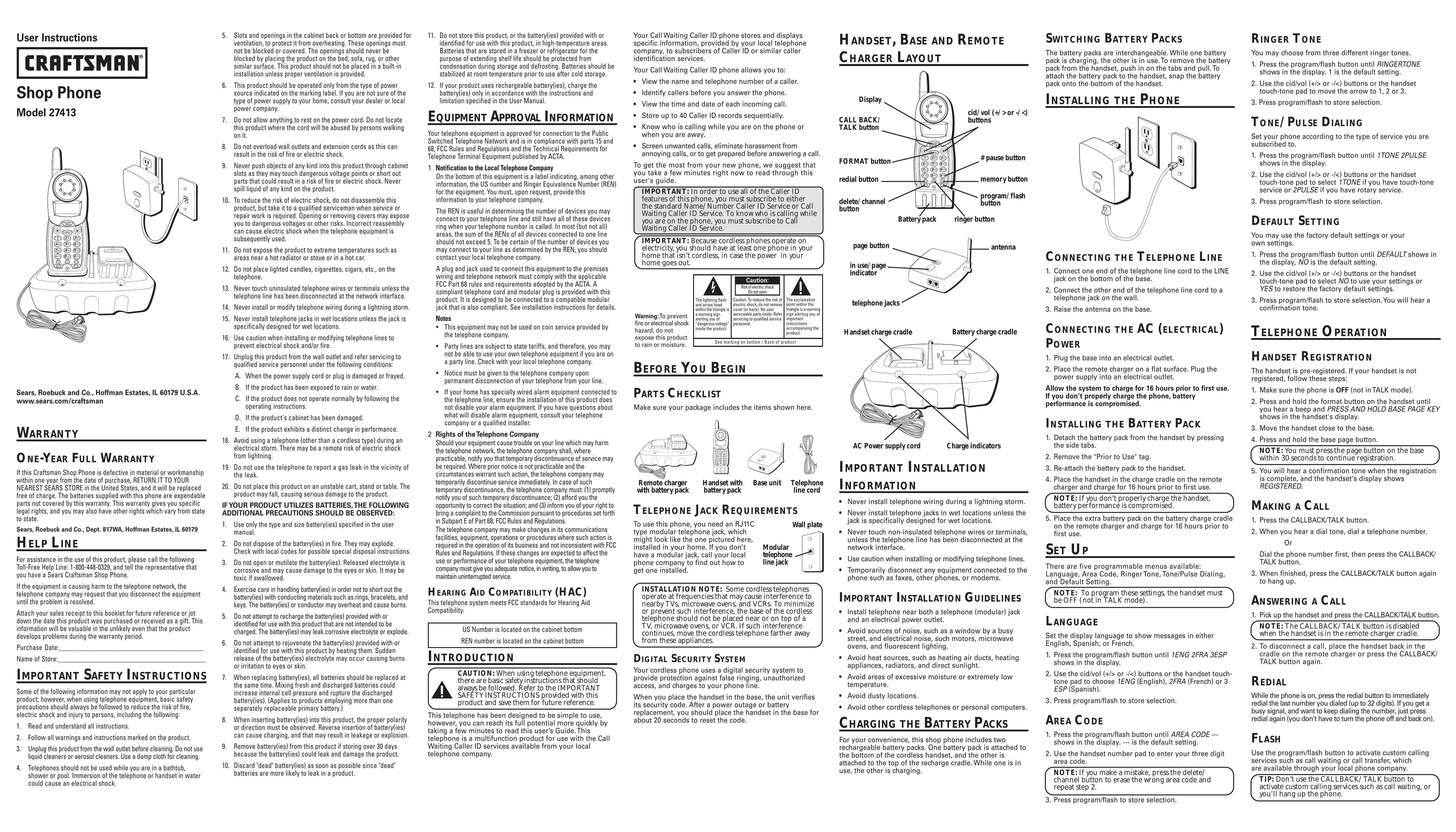 Craftsman 16278350 Cordless Telephone User Manual