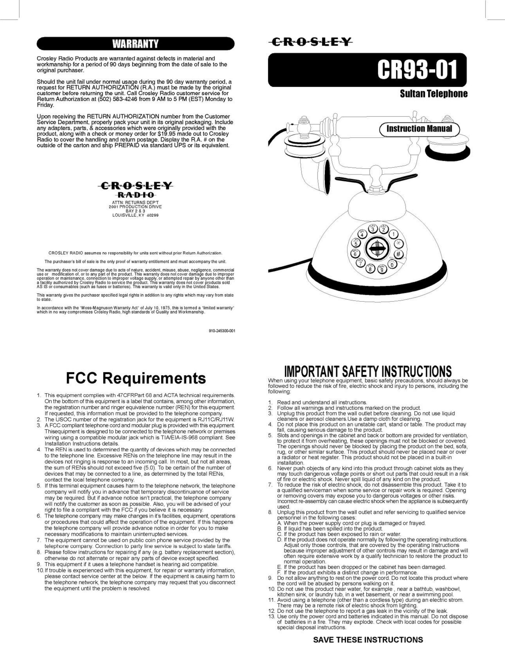 Crosley Radio CR93 Cordless Telephone User Manual