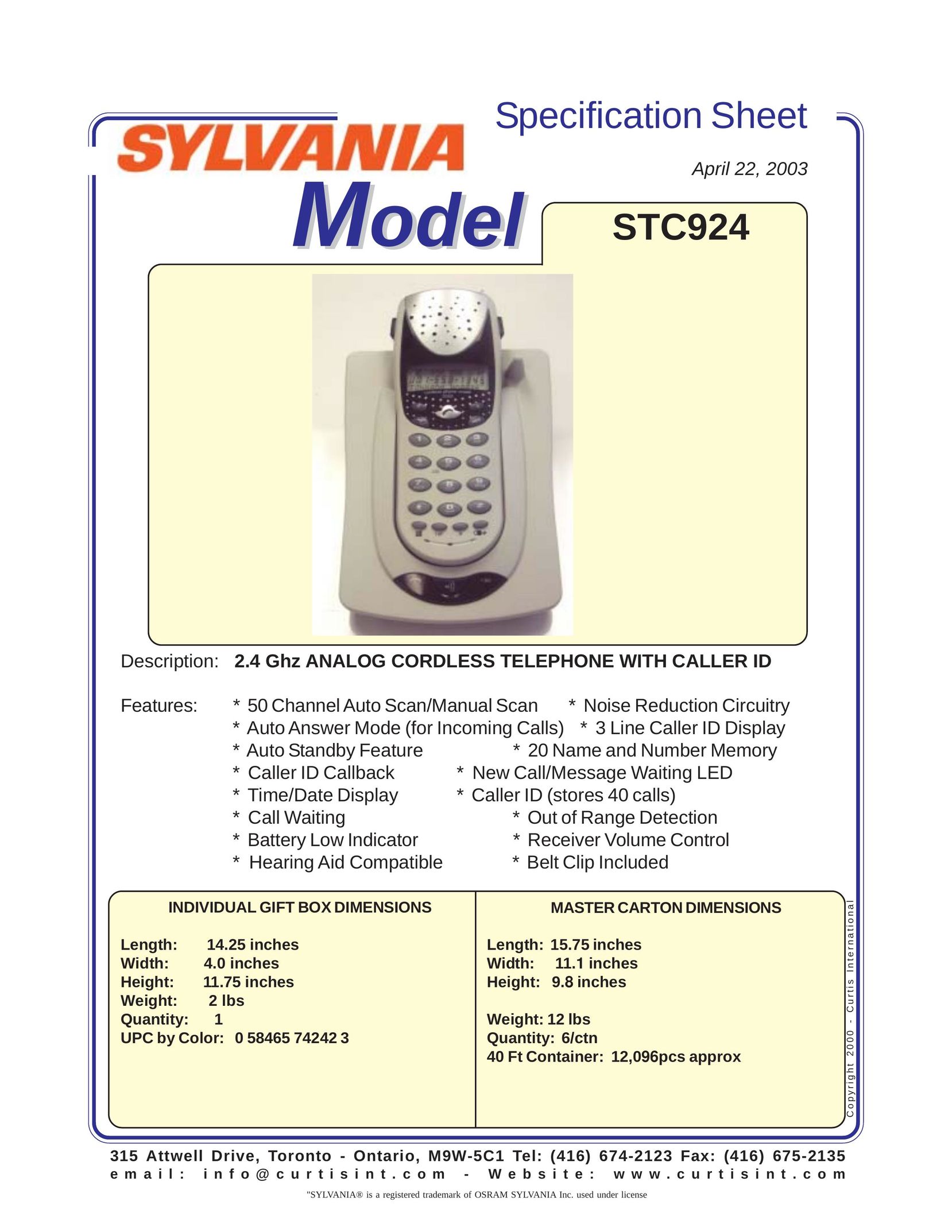 Curtis STC924 Cordless Telephone User Manual