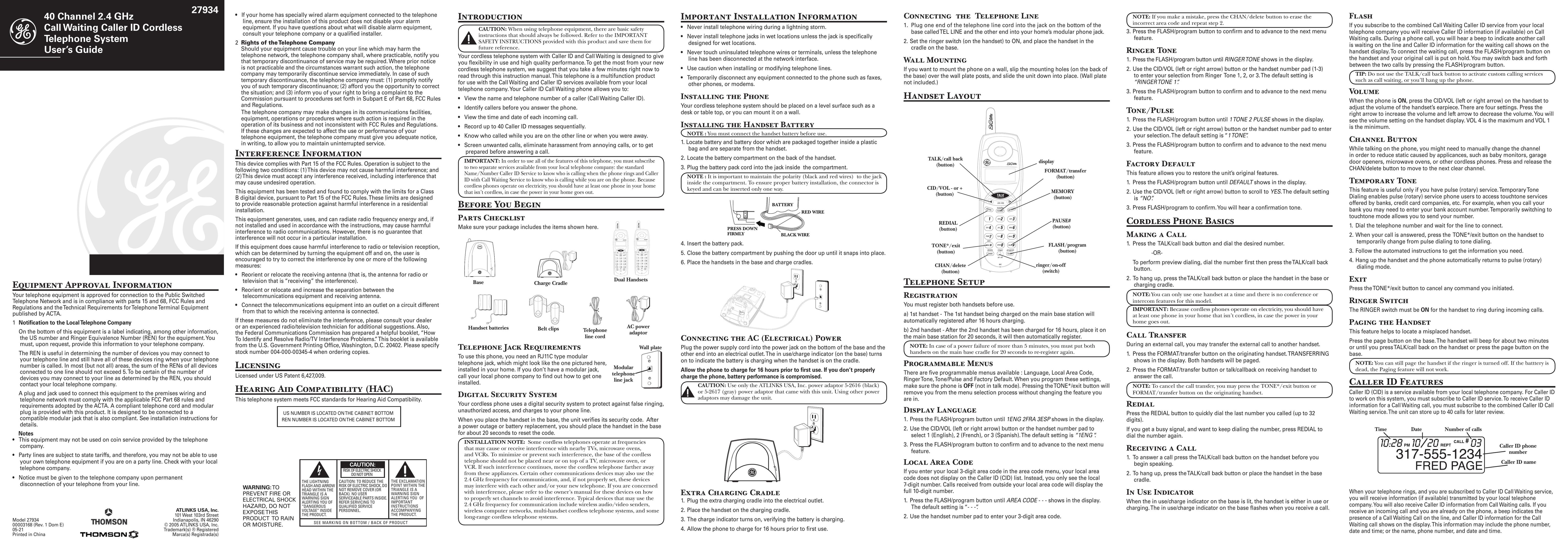 GE 00003168 Cordless Telephone User Manual