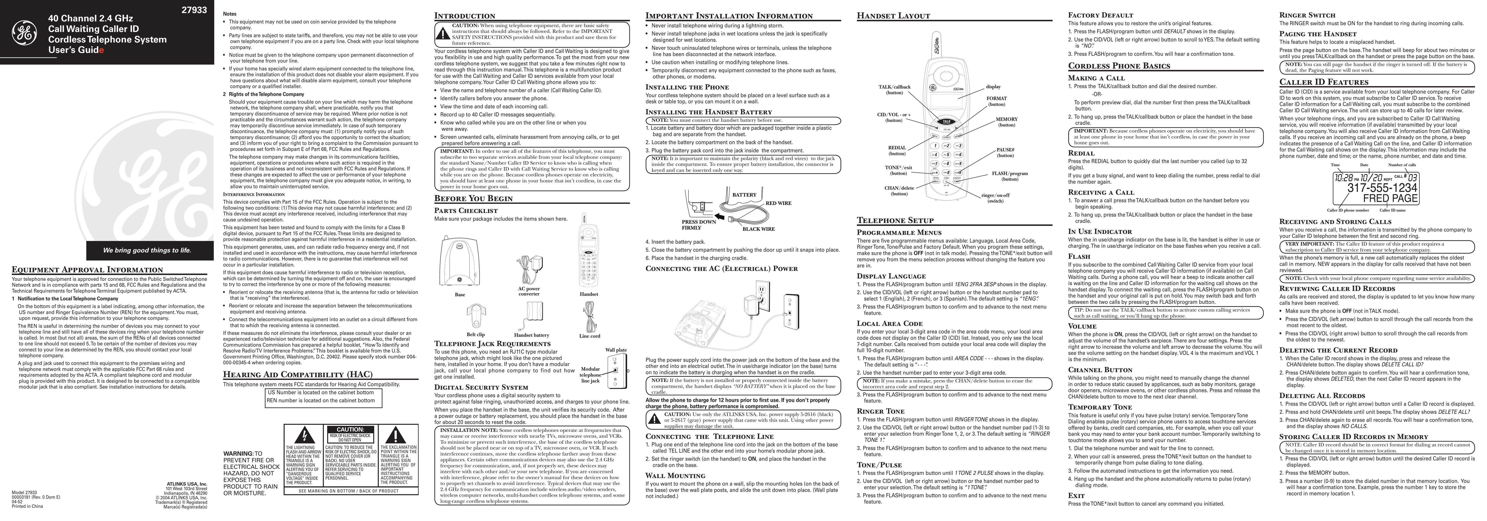 GE 00003191 Cordless Telephone User Manual
