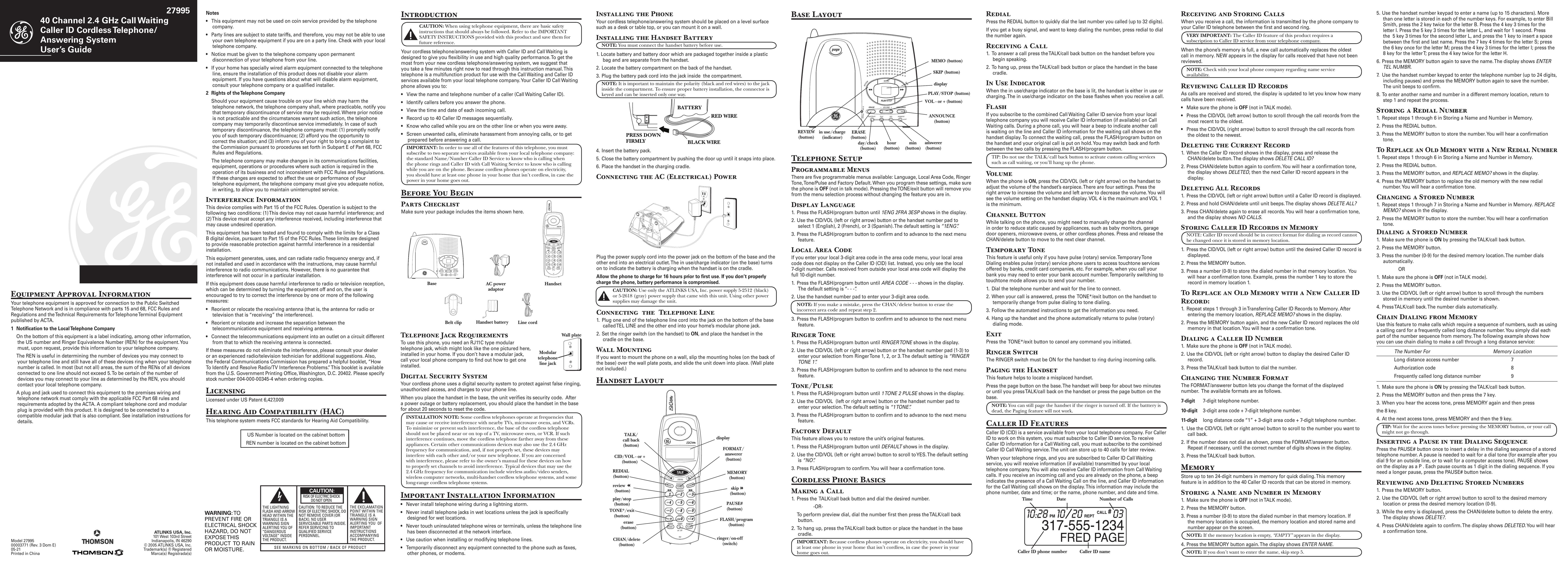 GE 00003771 Cordless Telephone User Manual