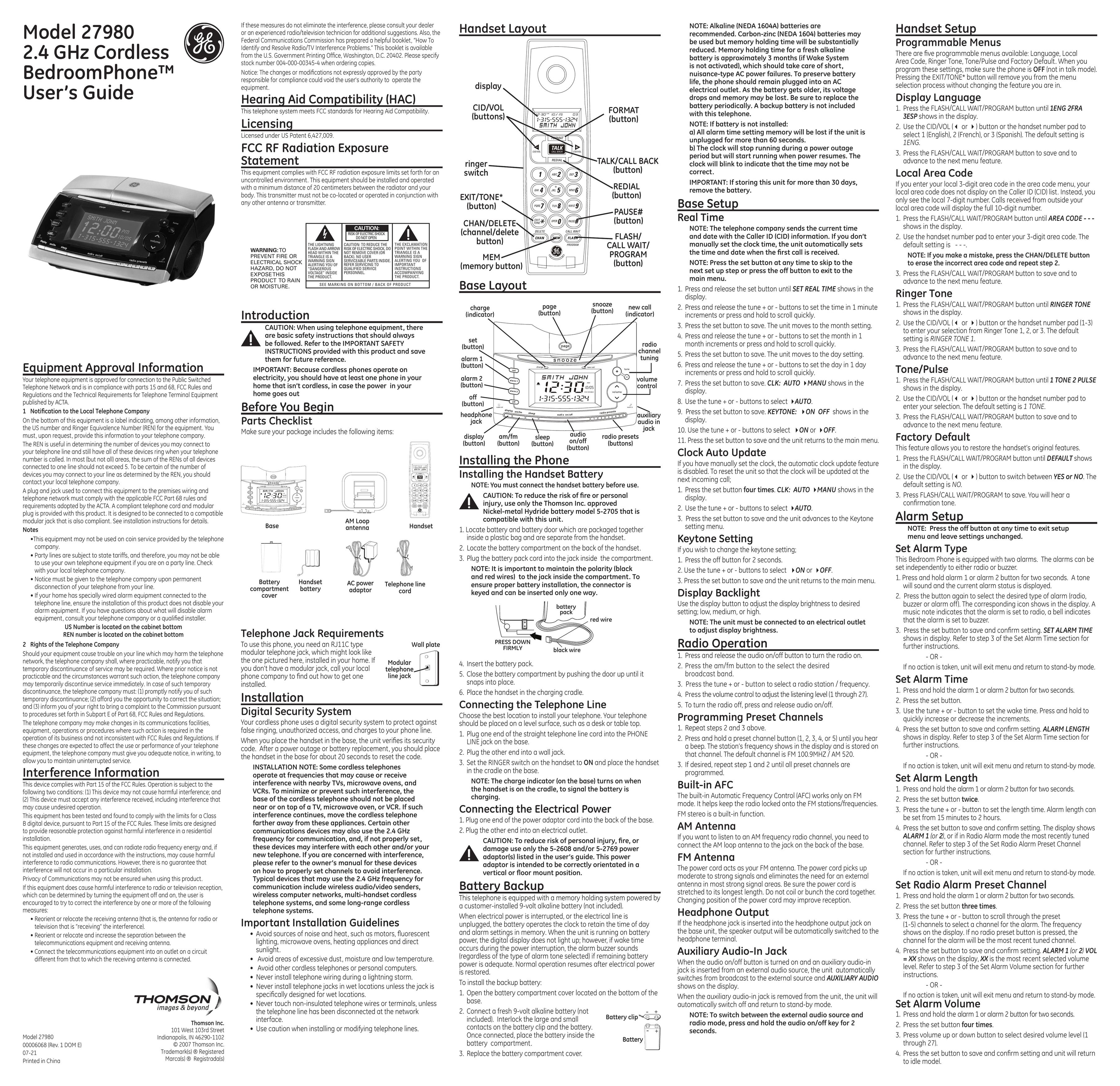 GE 00006068 Cordless Telephone User Manual