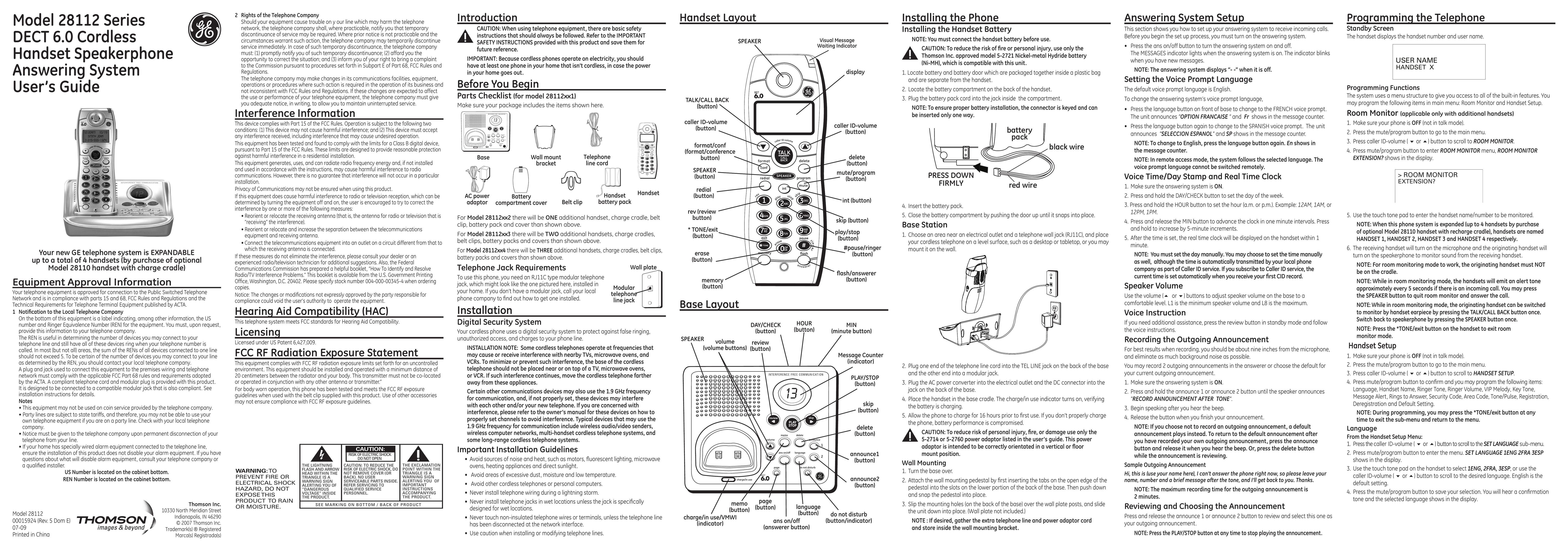 GE 00015924 Cordless Telephone User Manual