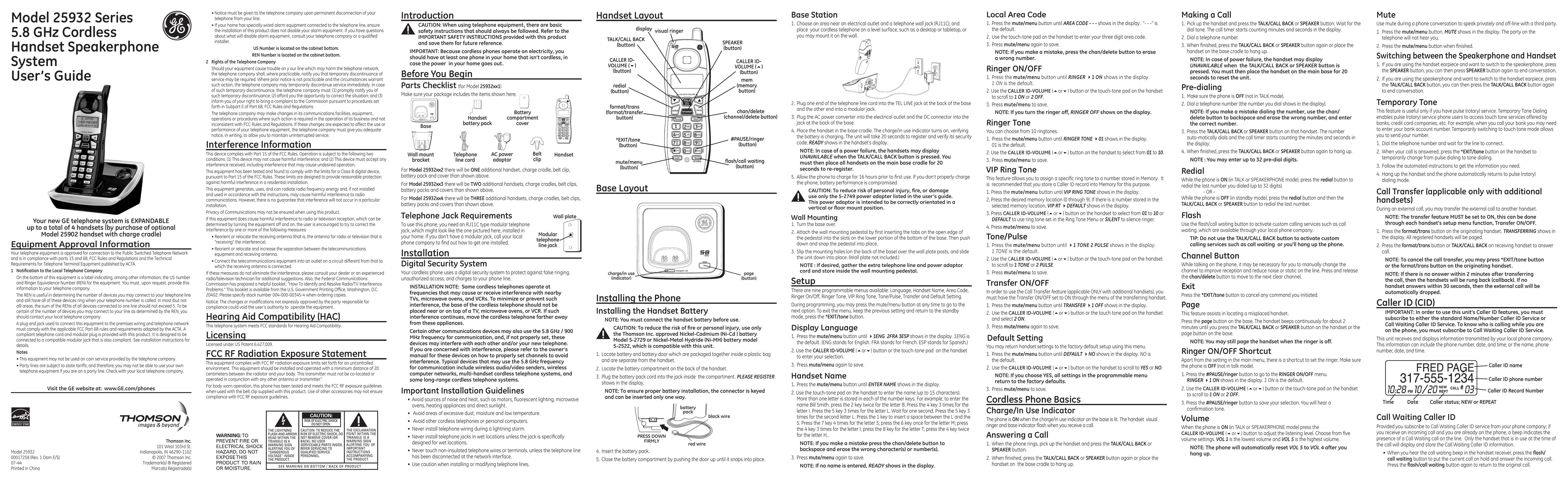 GE 00017258 Cordless Telephone User Manual