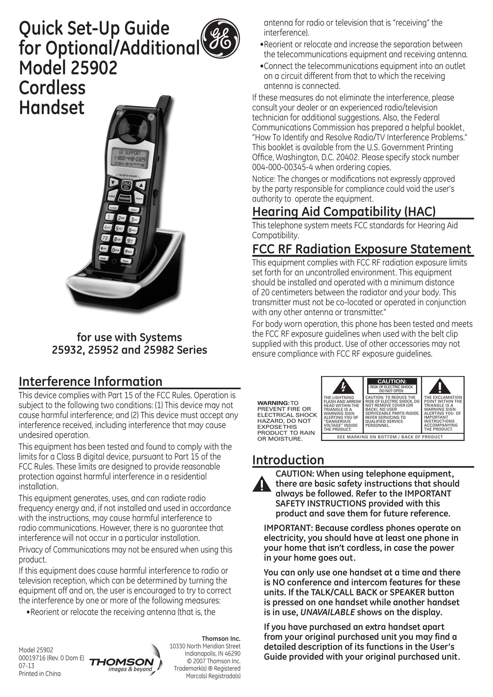 GE 00019716 Cordless Telephone User Manual