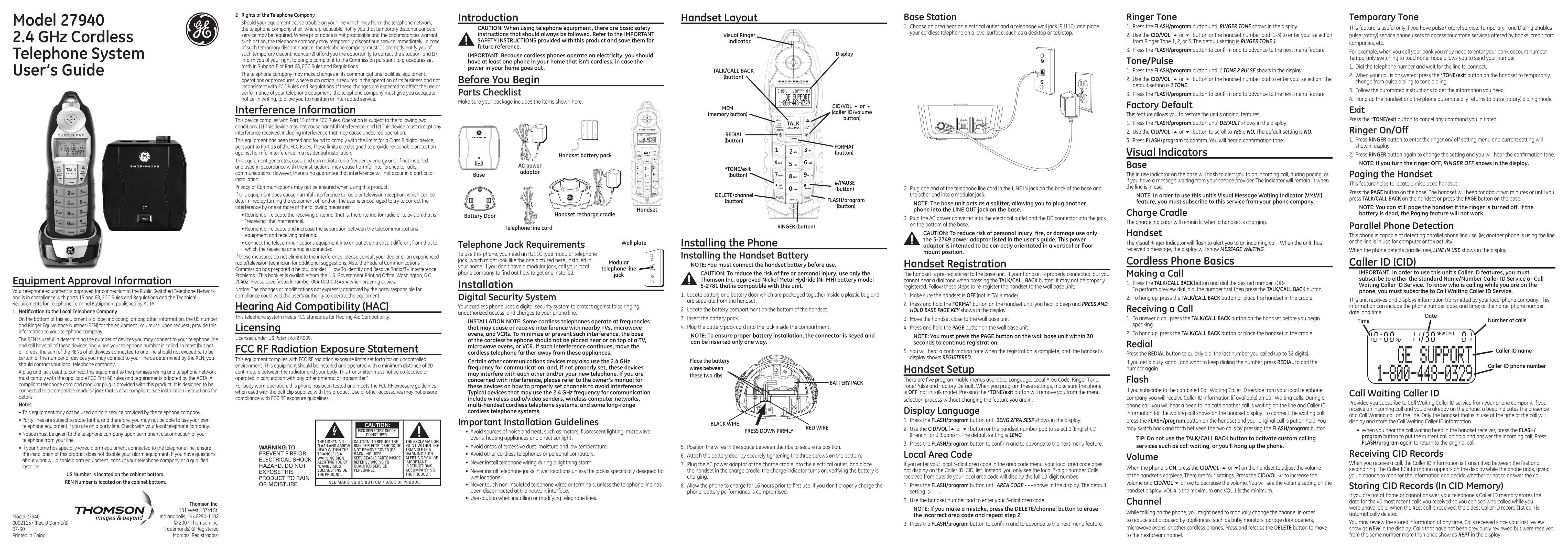 GE 00021157 Cordless Telephone User Manual