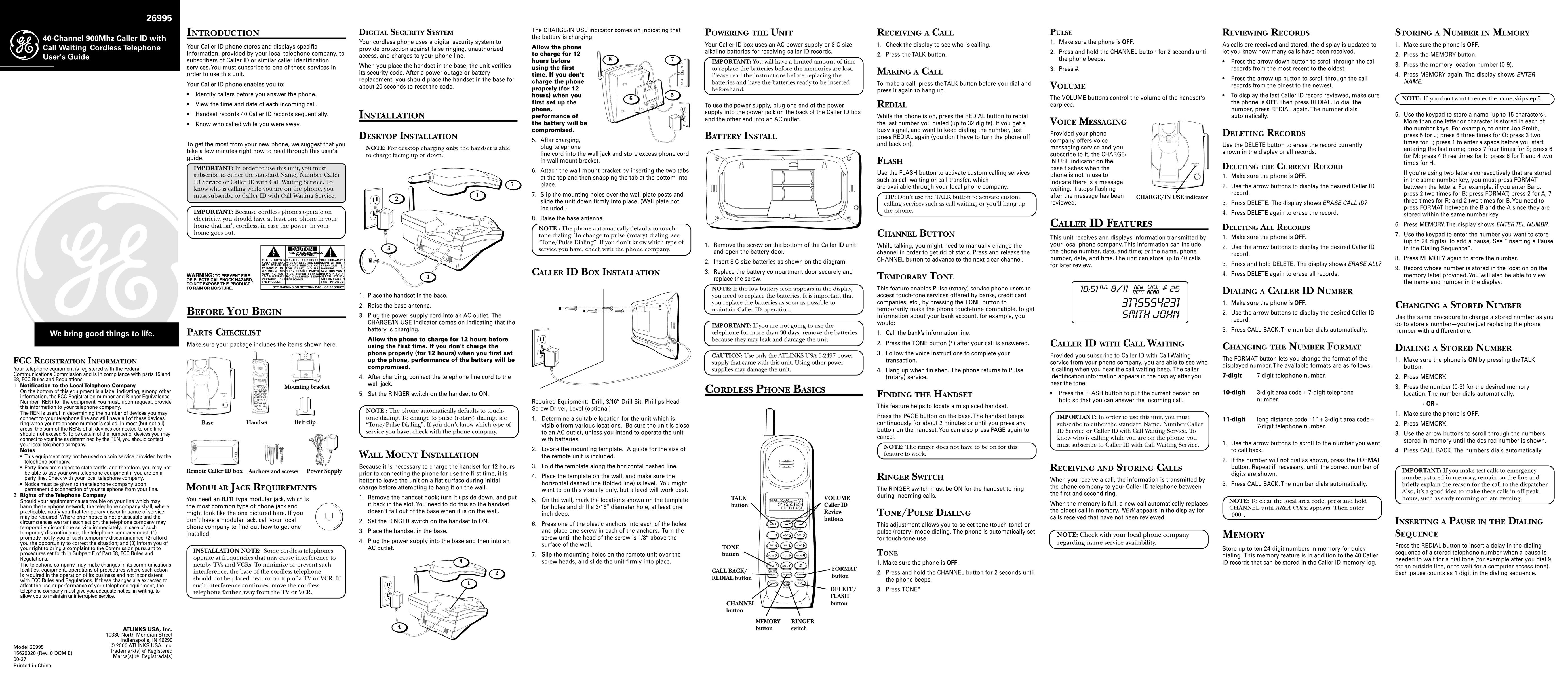 GE 15620020 Cordless Telephone User Manual