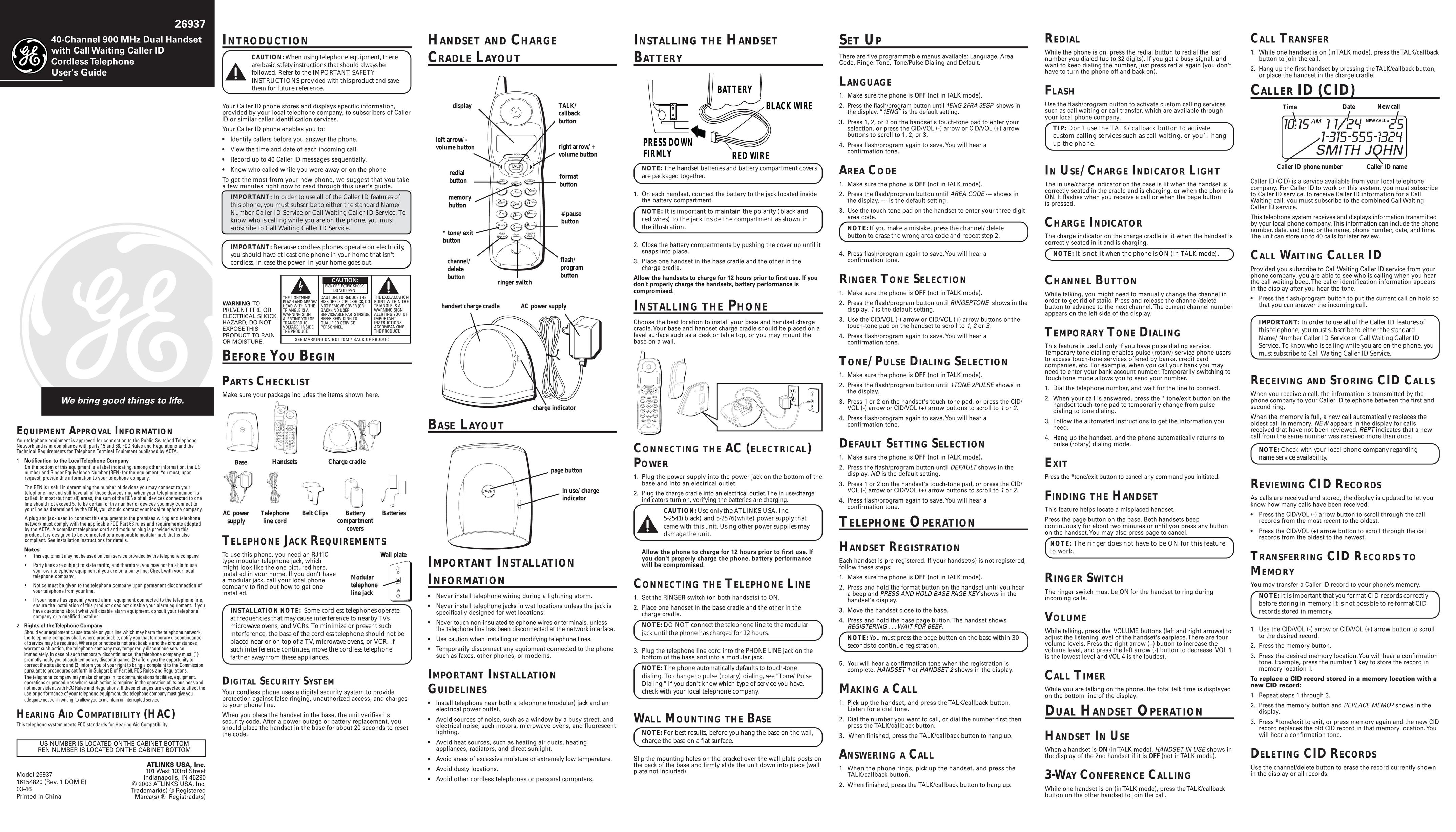 GE 16154820 Cordless Telephone User Manual