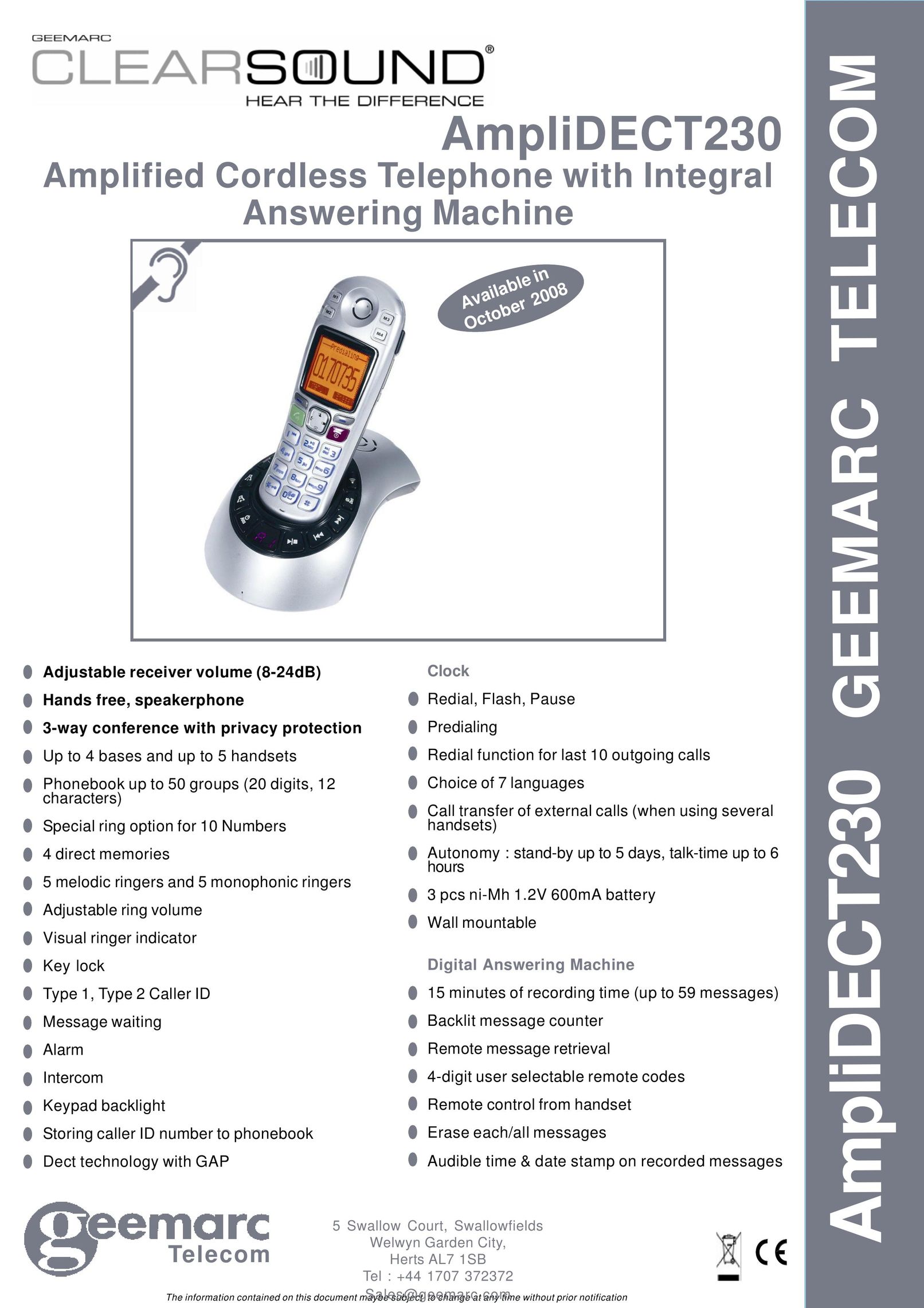 Geemarc AmpliDECT230 Cordless Telephone User Manual