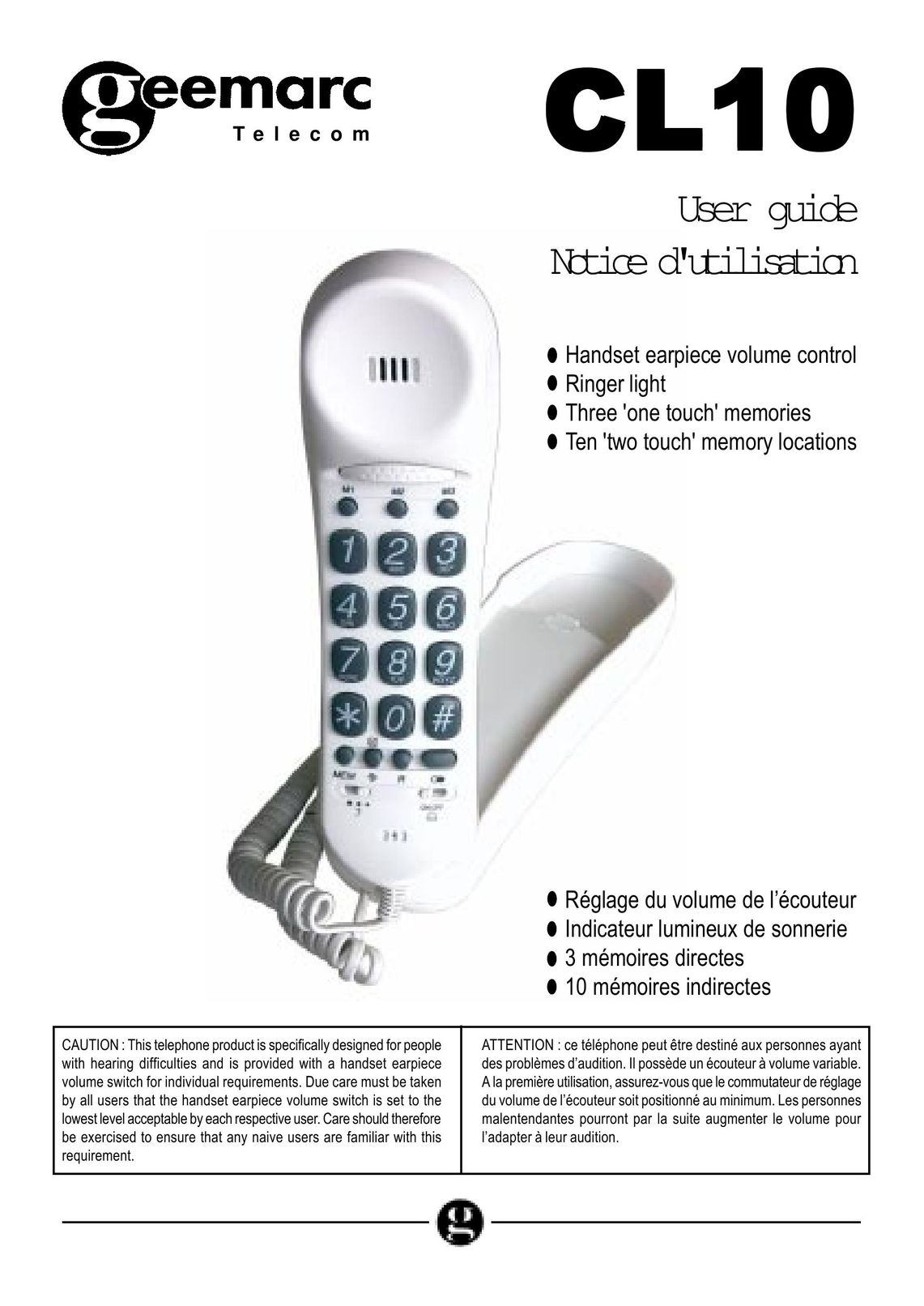 Geemarc CL10 Cordless Telephone User Manual