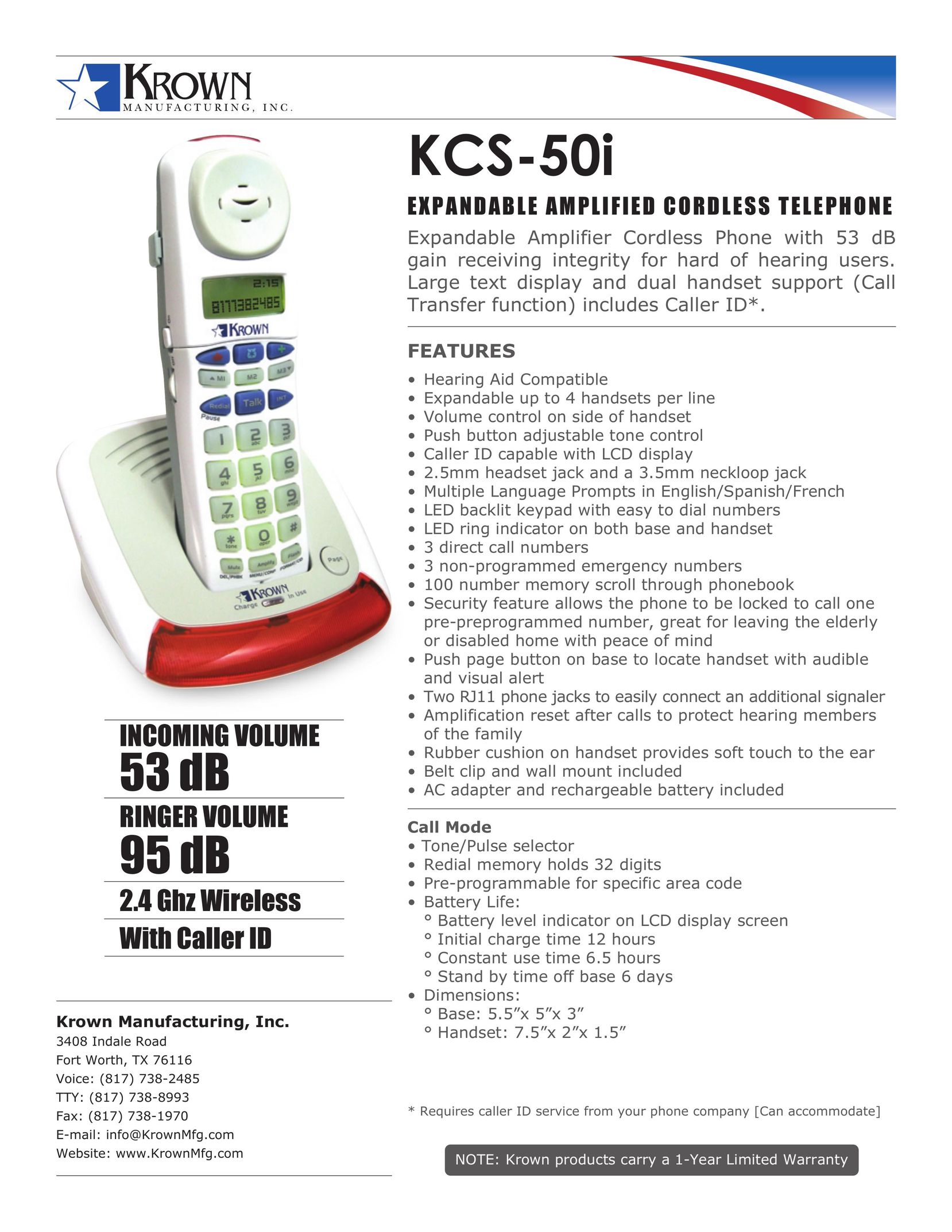 Krown Manufacturing KCS-50i Cordless Telephone User Manual