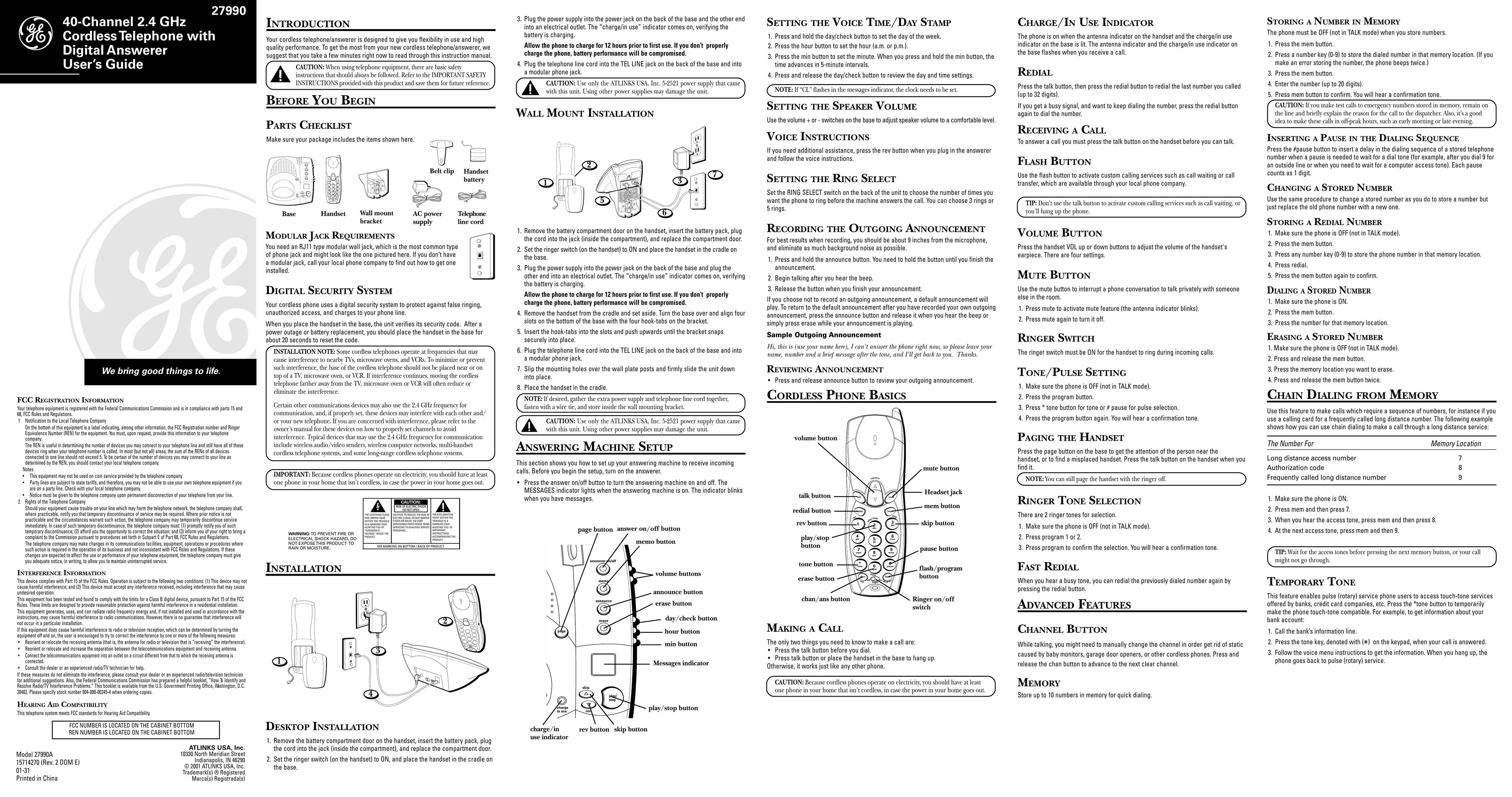 LG Electronics 27990 Cordless Telephone User Manual