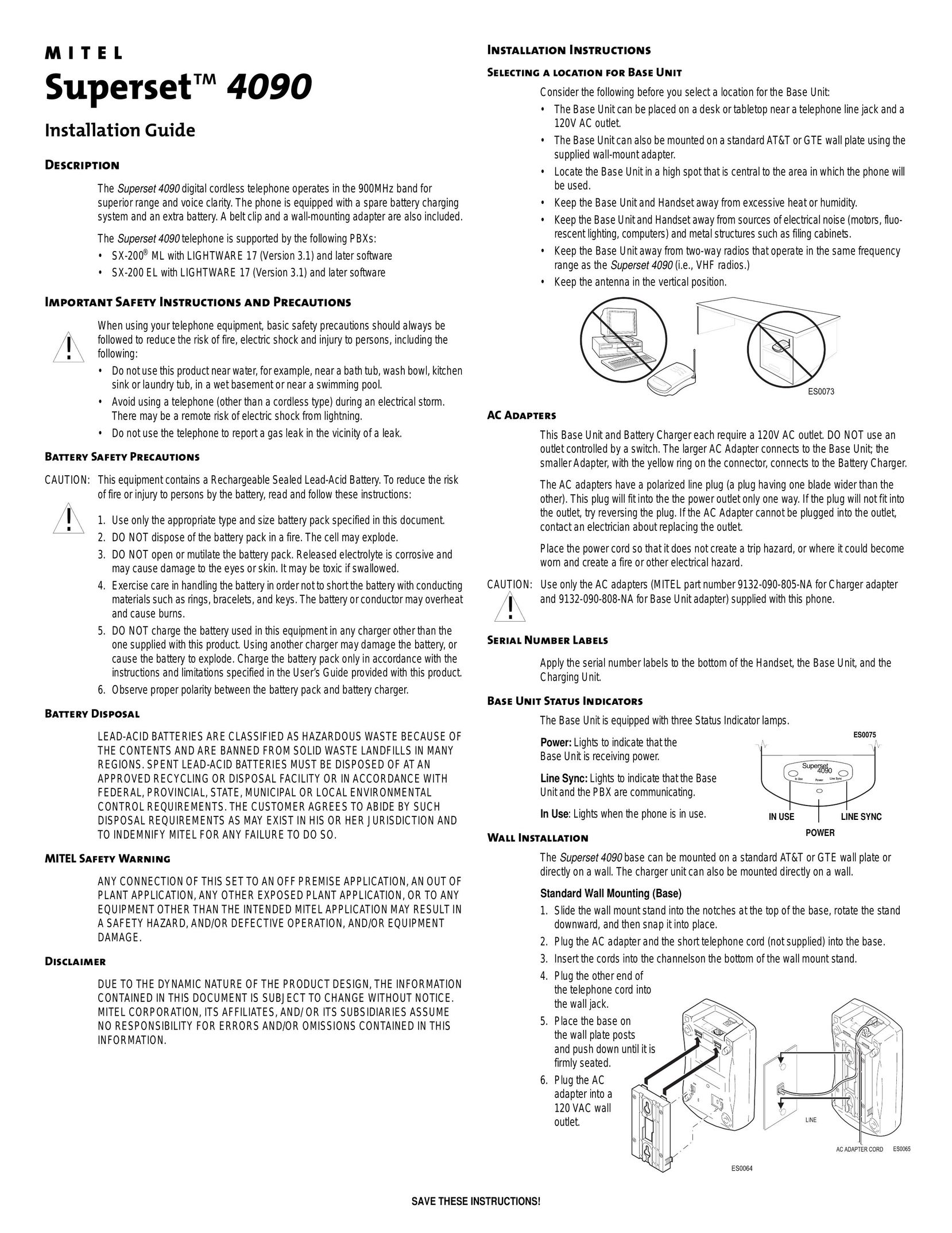 Mitel 4090 Cordless Telephone User Manual