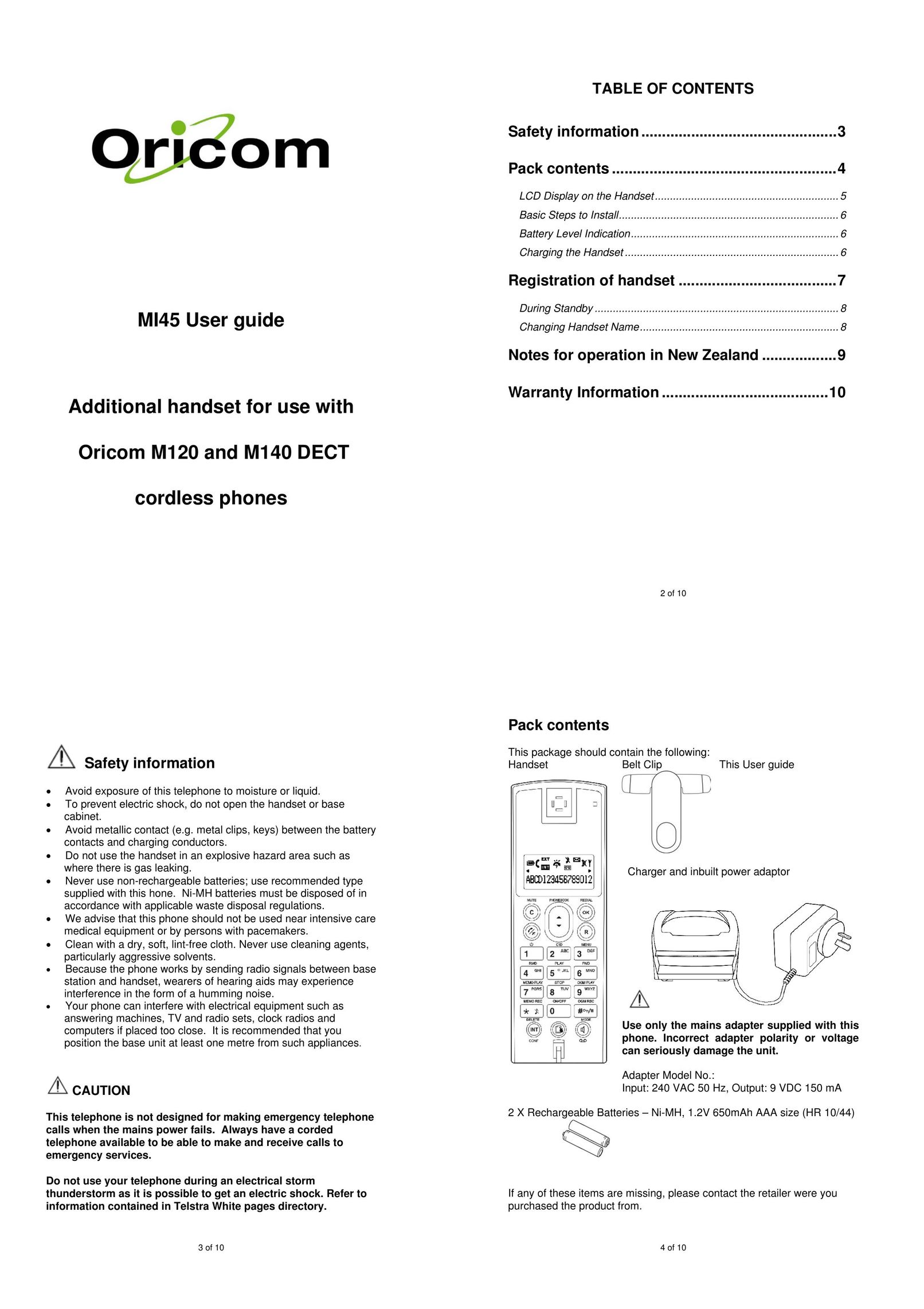 Oricom M120 Cordless Telephone User Manual