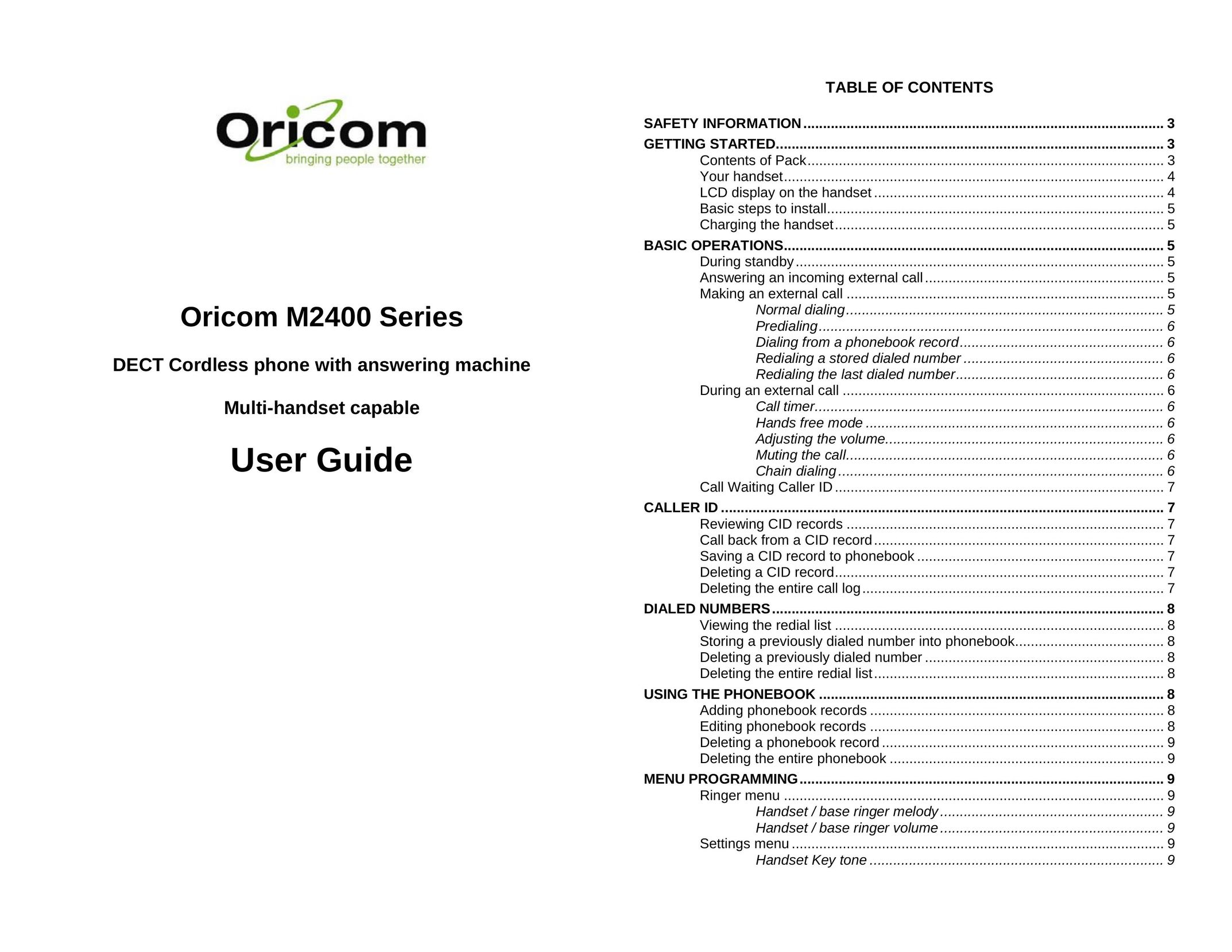 Oricom M2400 Cordless Telephone User Manual