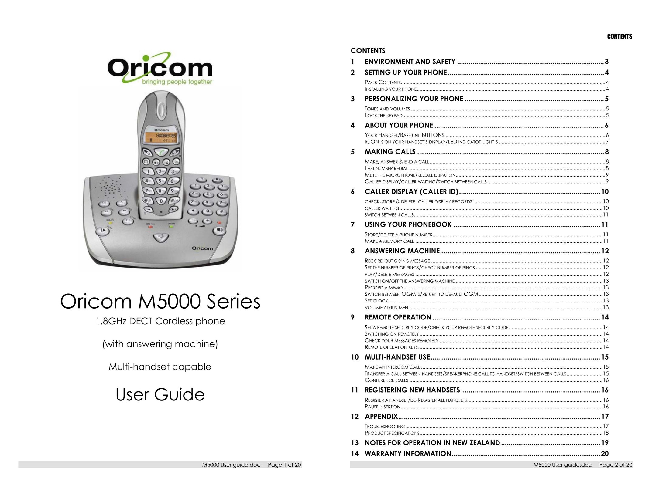 Oricom M5000 Cordless Telephone User Manual
