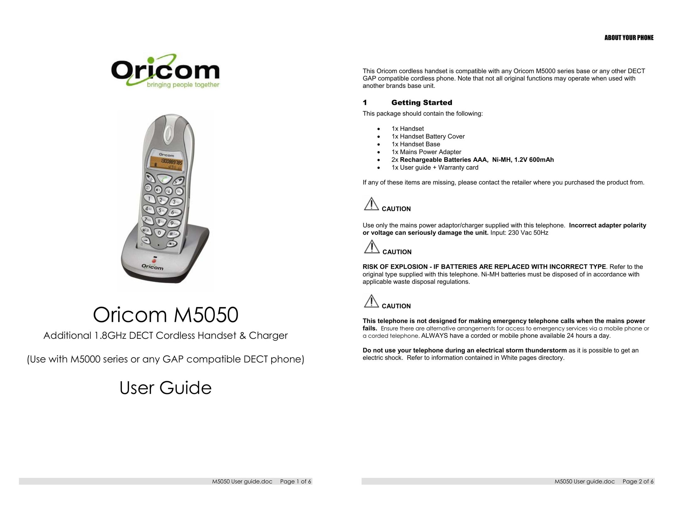 Oricom M5050 Cordless Telephone User Manual