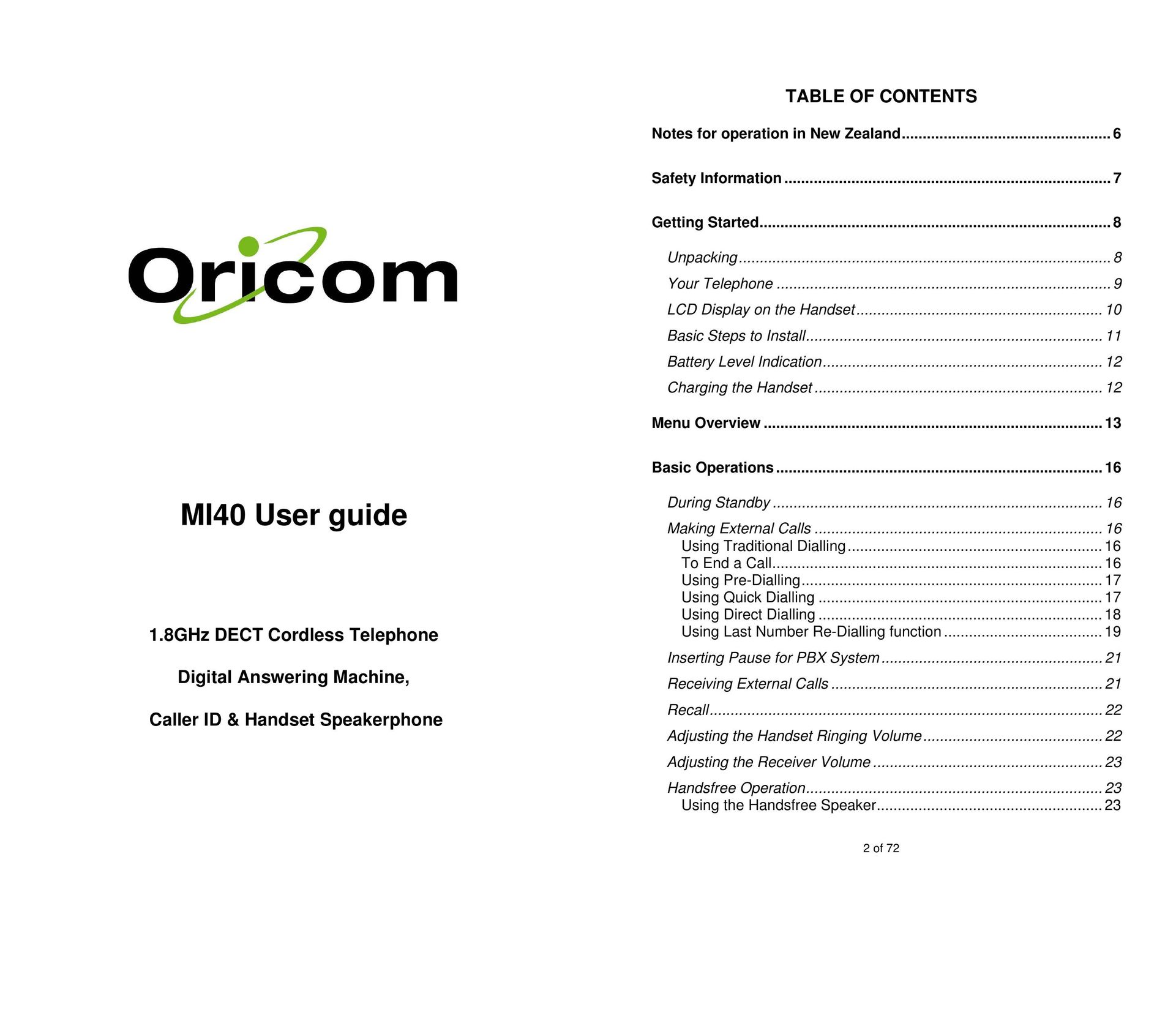 Oricom MI40 Cordless Telephone User Manual