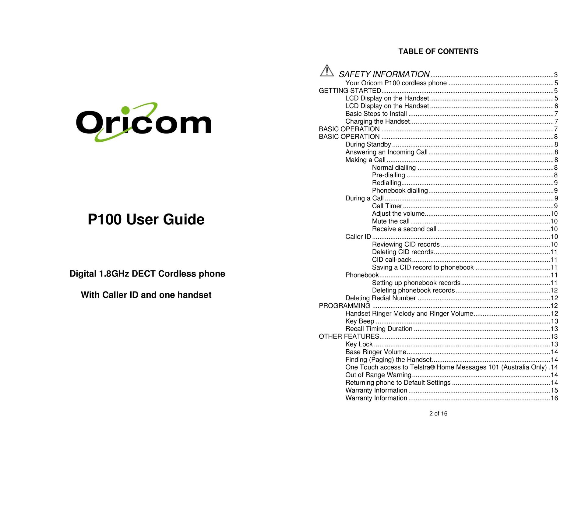 Oricom P100 Cordless Telephone User Manual