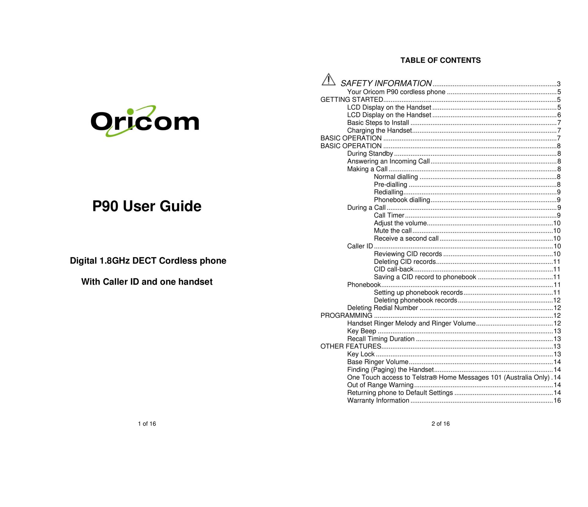 Oricom P90 Cordless Telephone User Manual