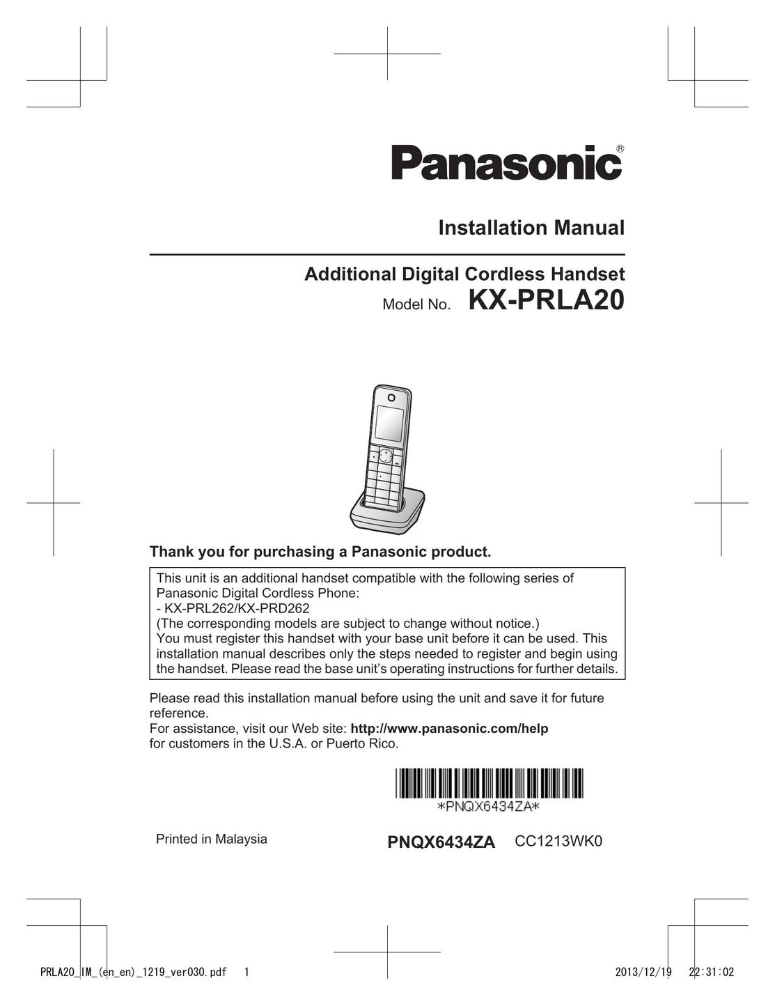 Panasonic KX-PRLA20 Cordless Telephone User Manual