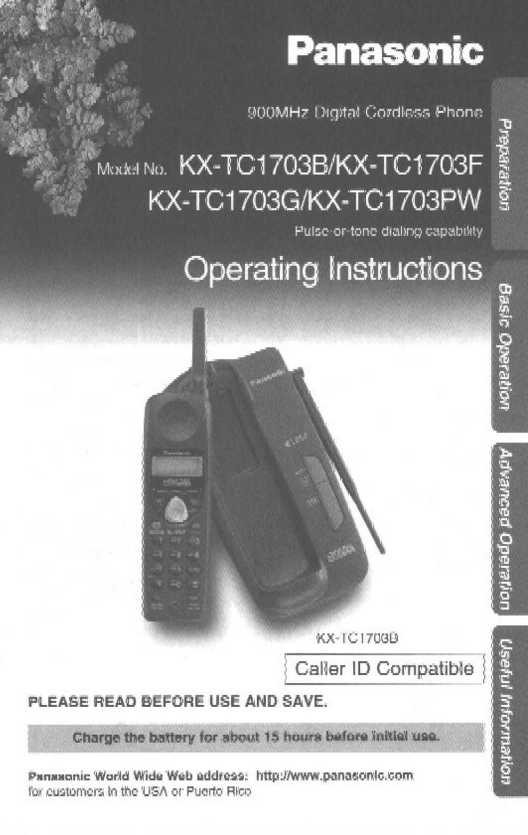 Panasonic KX-TC1703F Cordless Telephone User Manual