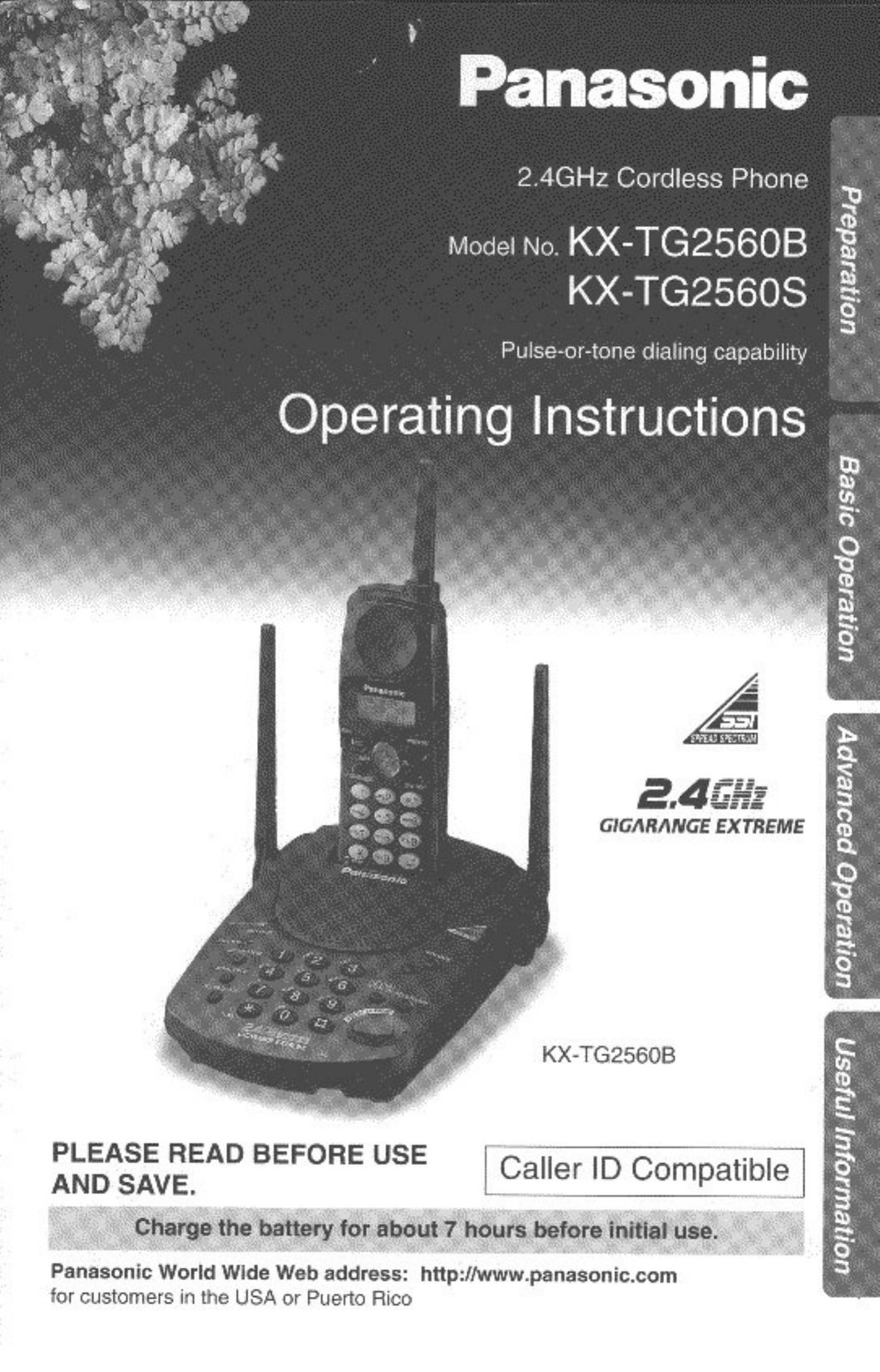 Panasonic KX-TG2560B Cordless Telephone User Manual