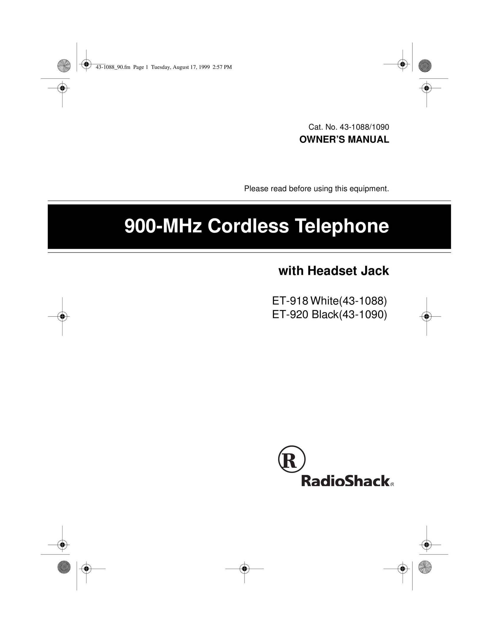 Radio Shack 43-1088 Cordless Telephone User Manual