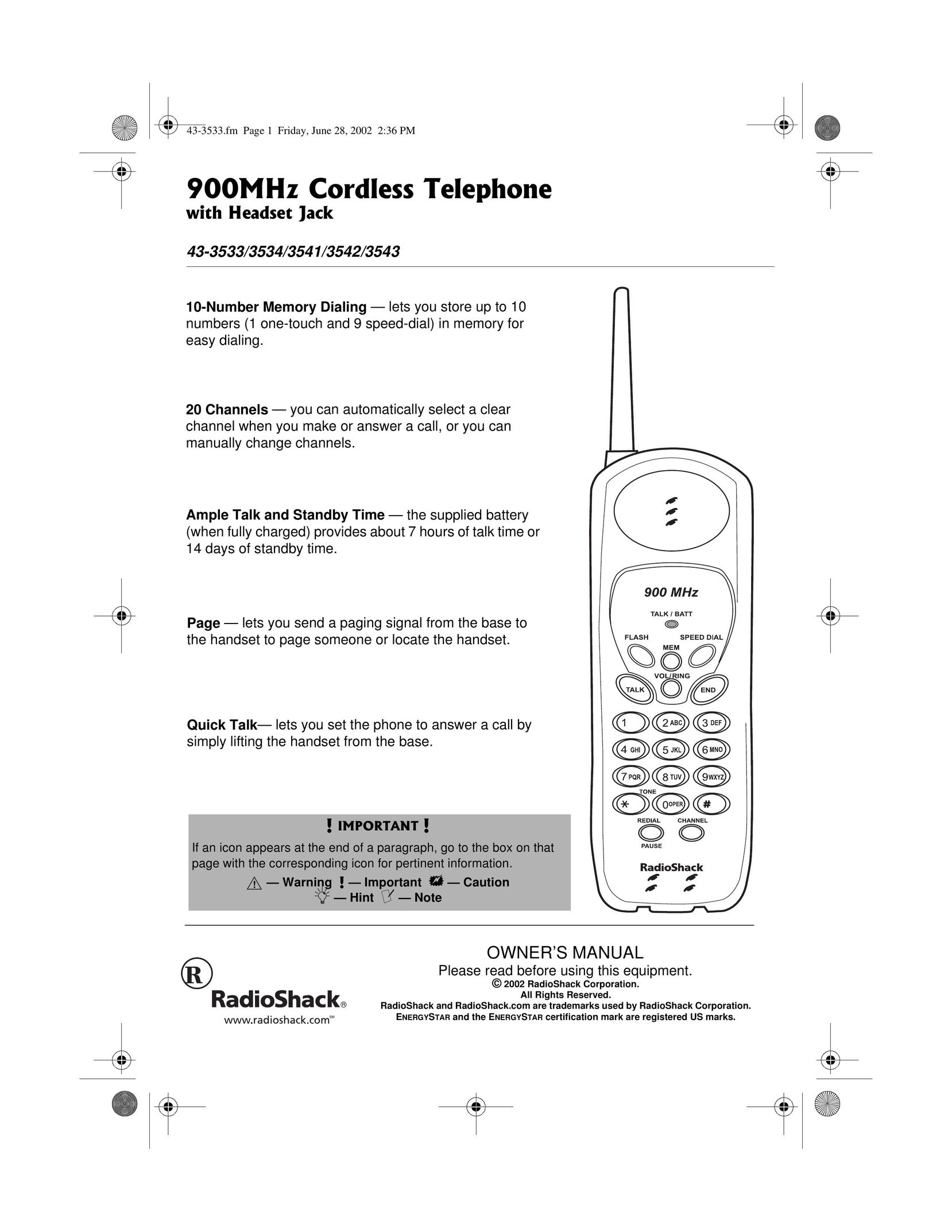 Radio Shack 43-3534 Cordless Telephone User Manual
