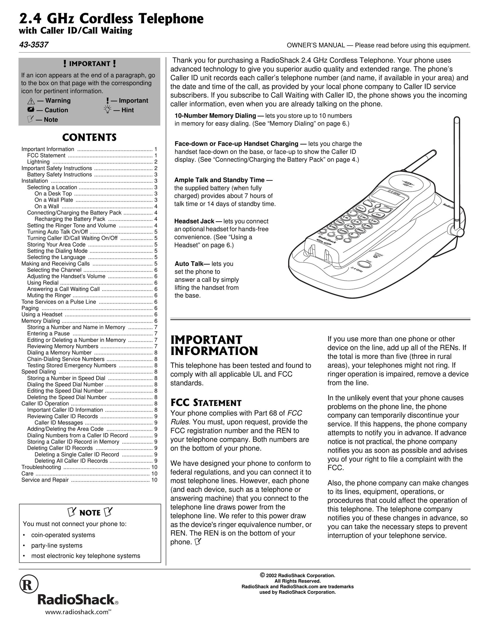 Radio Shack 43-3537 Cordless Telephone User Manual