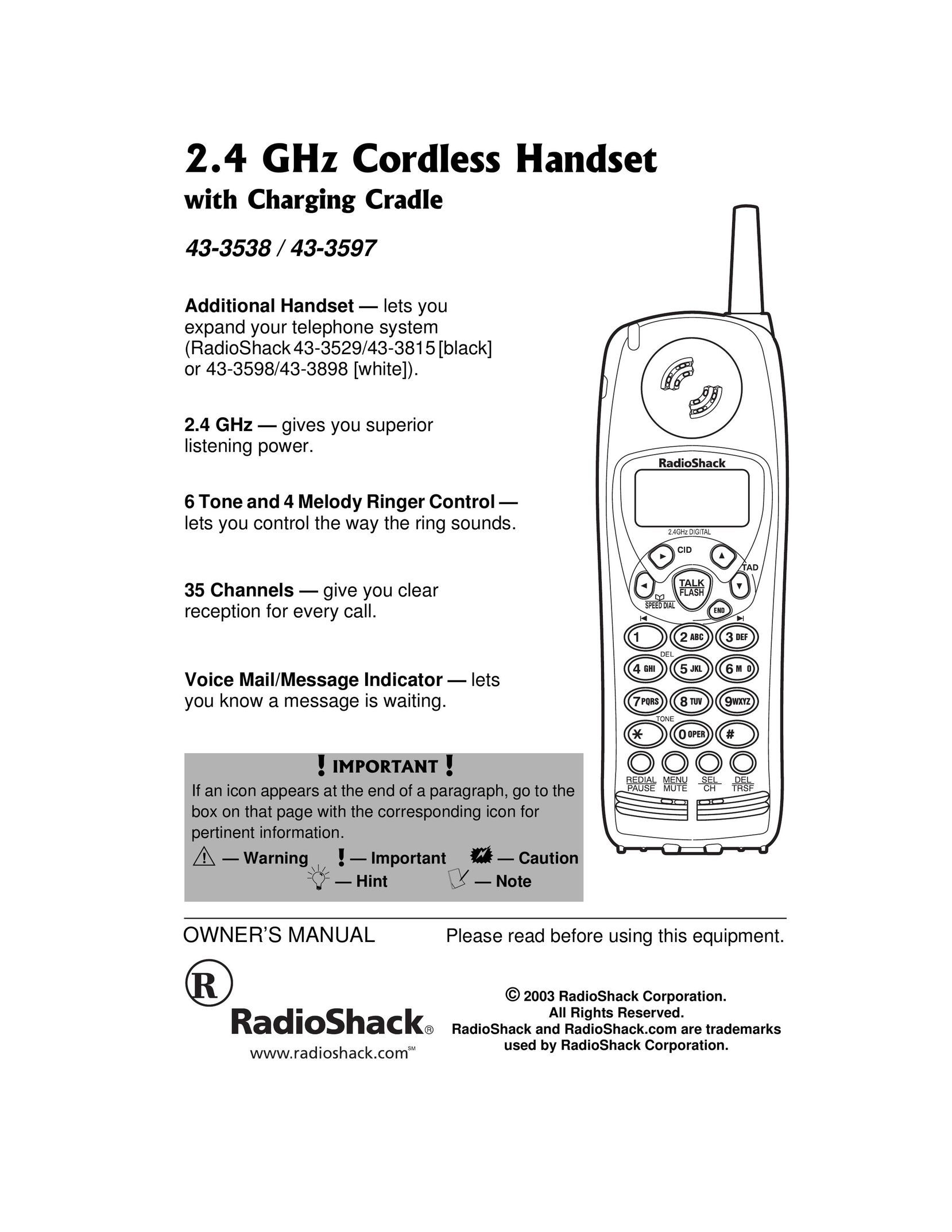 Radio Shack 43-3538 Cordless Telephone User Manual
