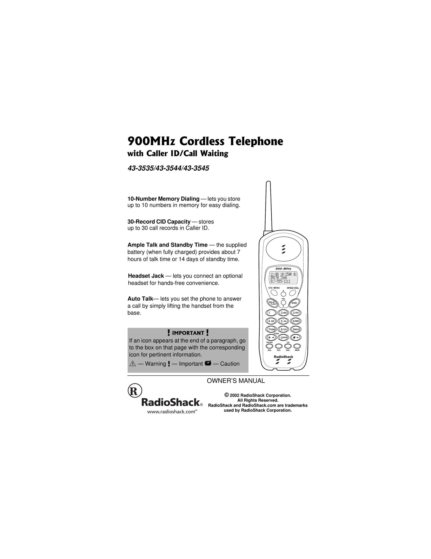 Radio Shack 43-3544 Cordless Telephone User Manual