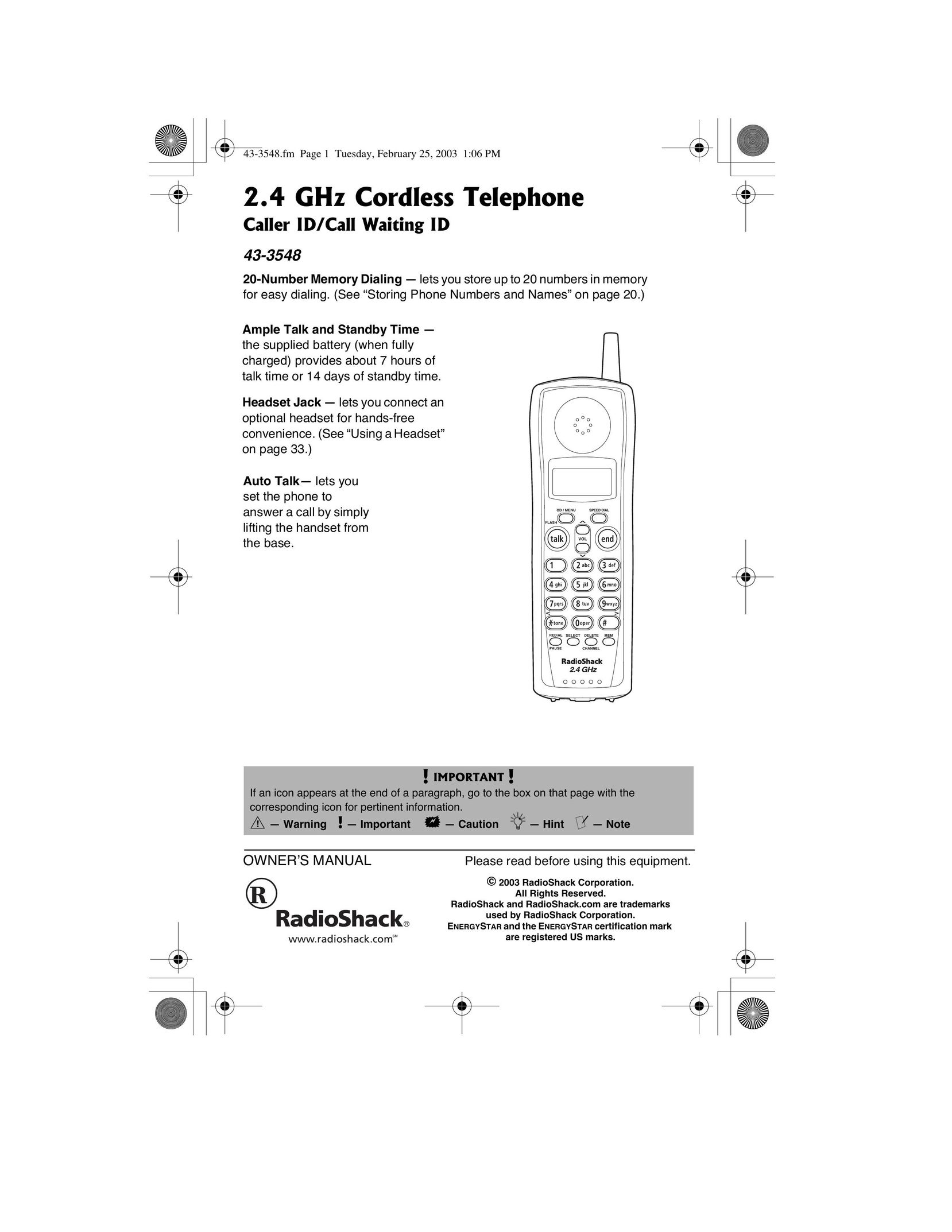 Radio Shack 43-3548 Cordless Telephone User Manual