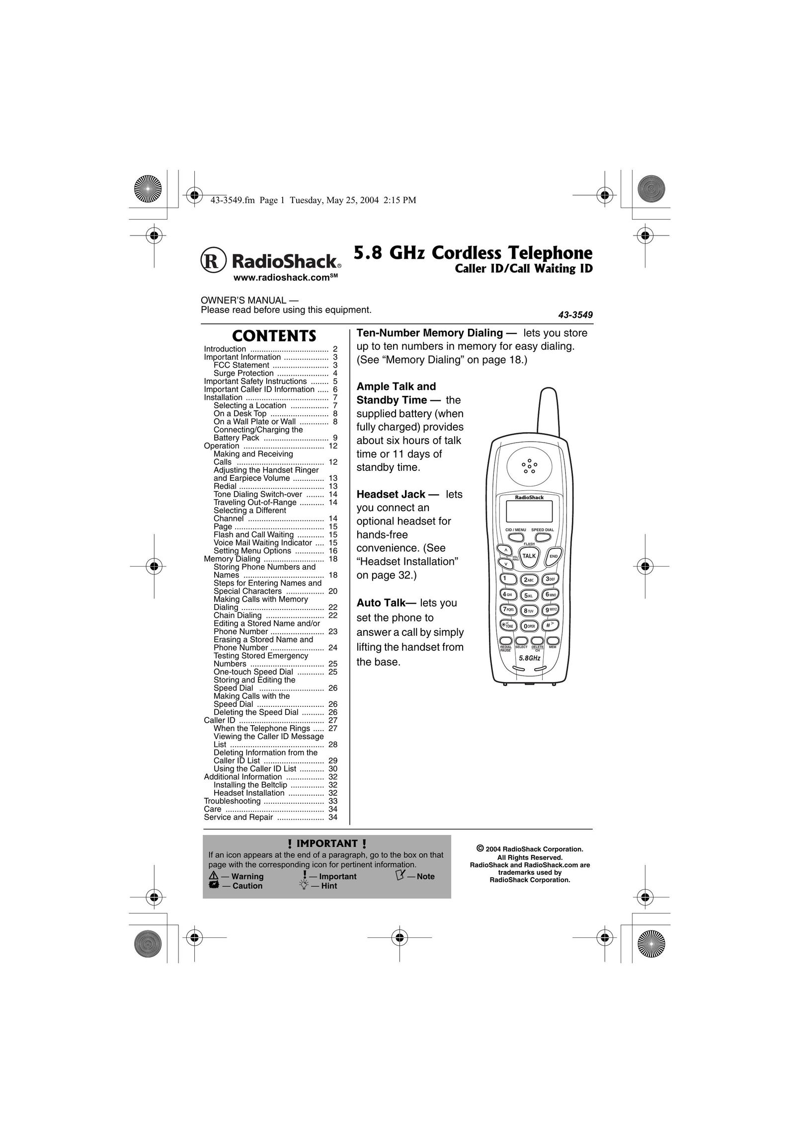 Radio Shack 43-3549 Cordless Telephone User Manual