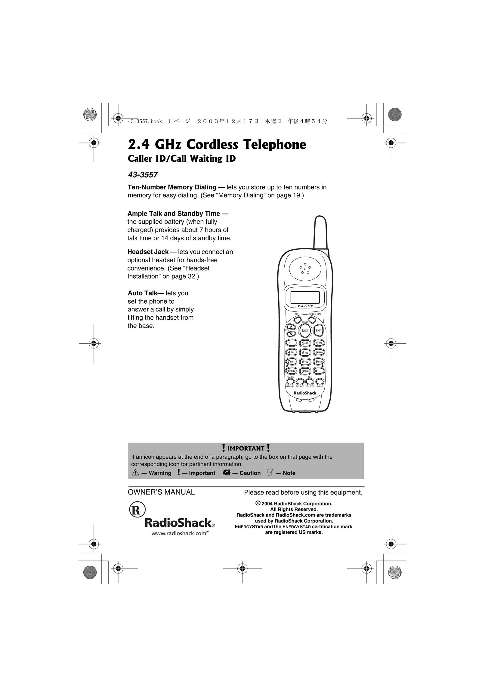 Radio Shack 43-3557 Cordless Telephone User Manual