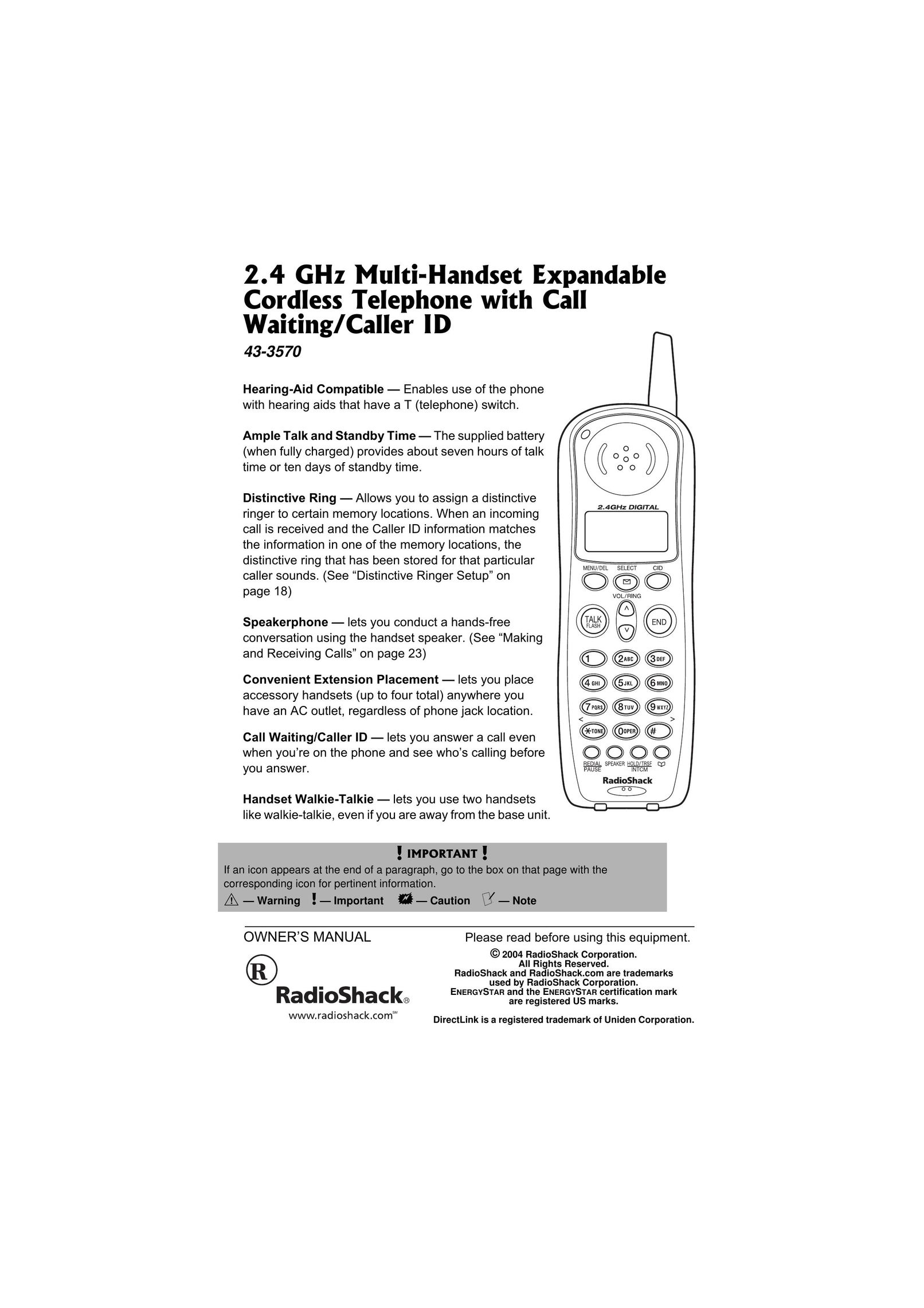 Radio Shack 43-3570 Cordless Telephone User Manual
