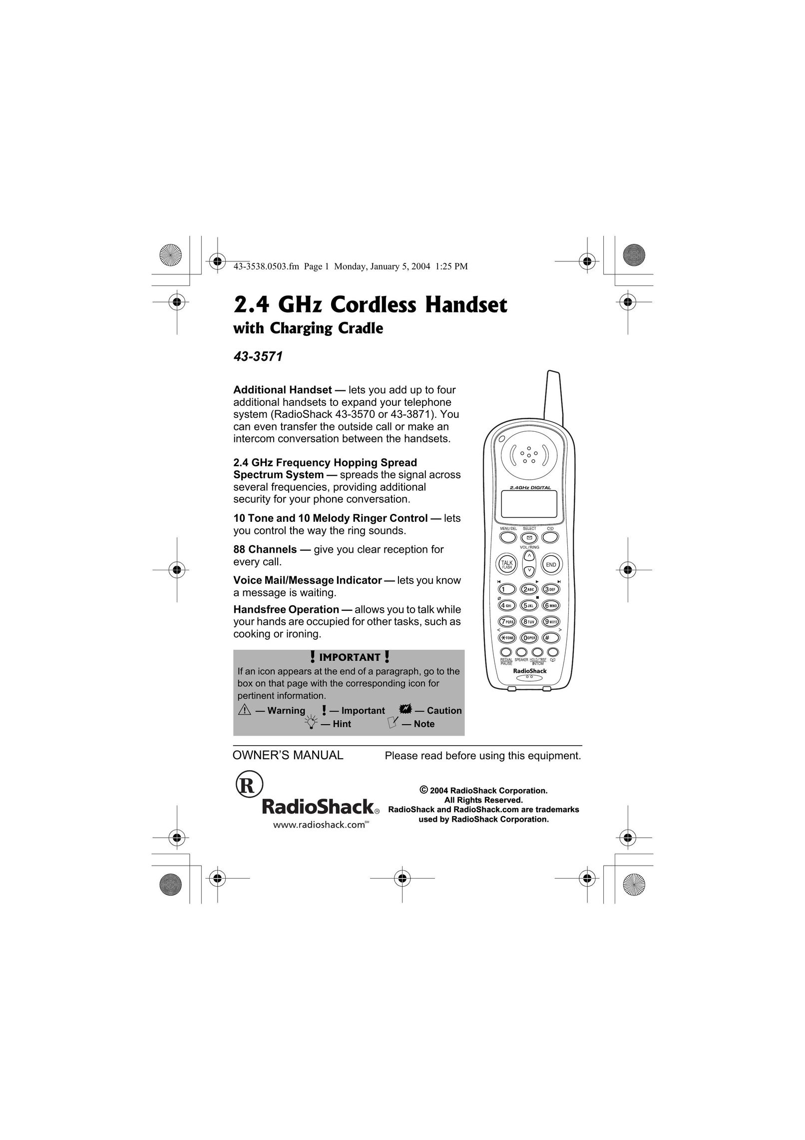 Radio Shack 43-3571 Cordless Telephone User Manual