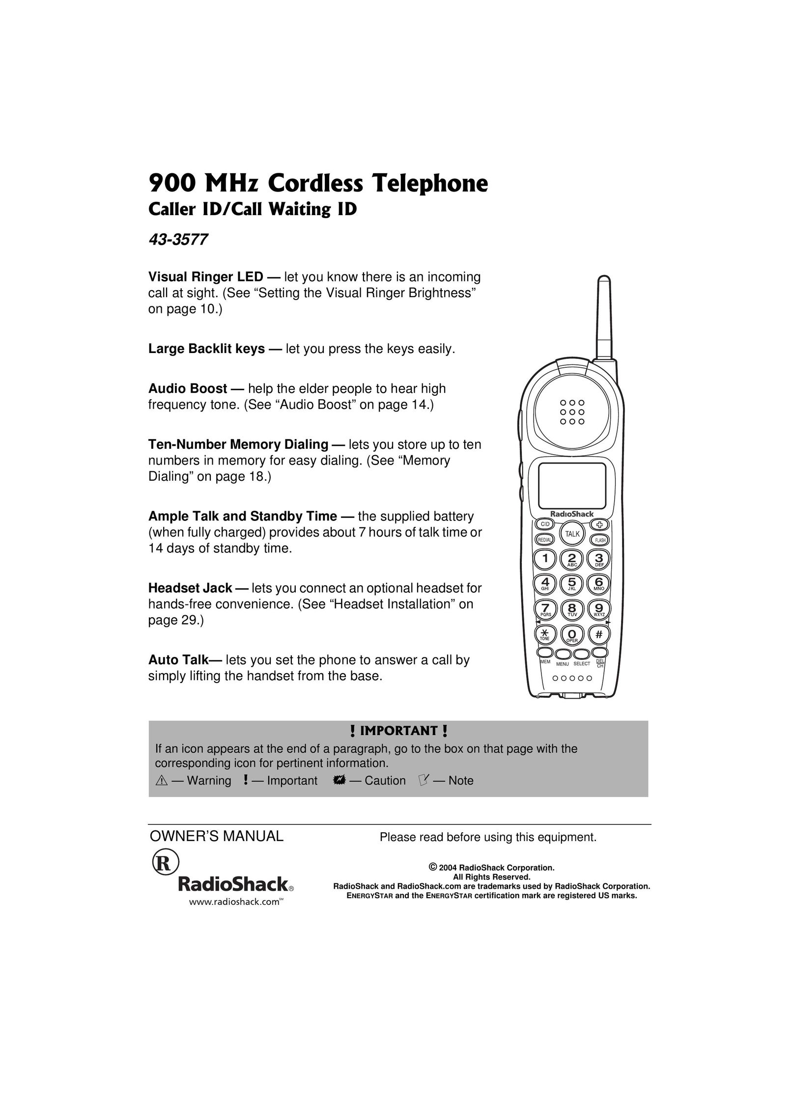 Radio Shack 43-3577 Cordless Telephone User Manual