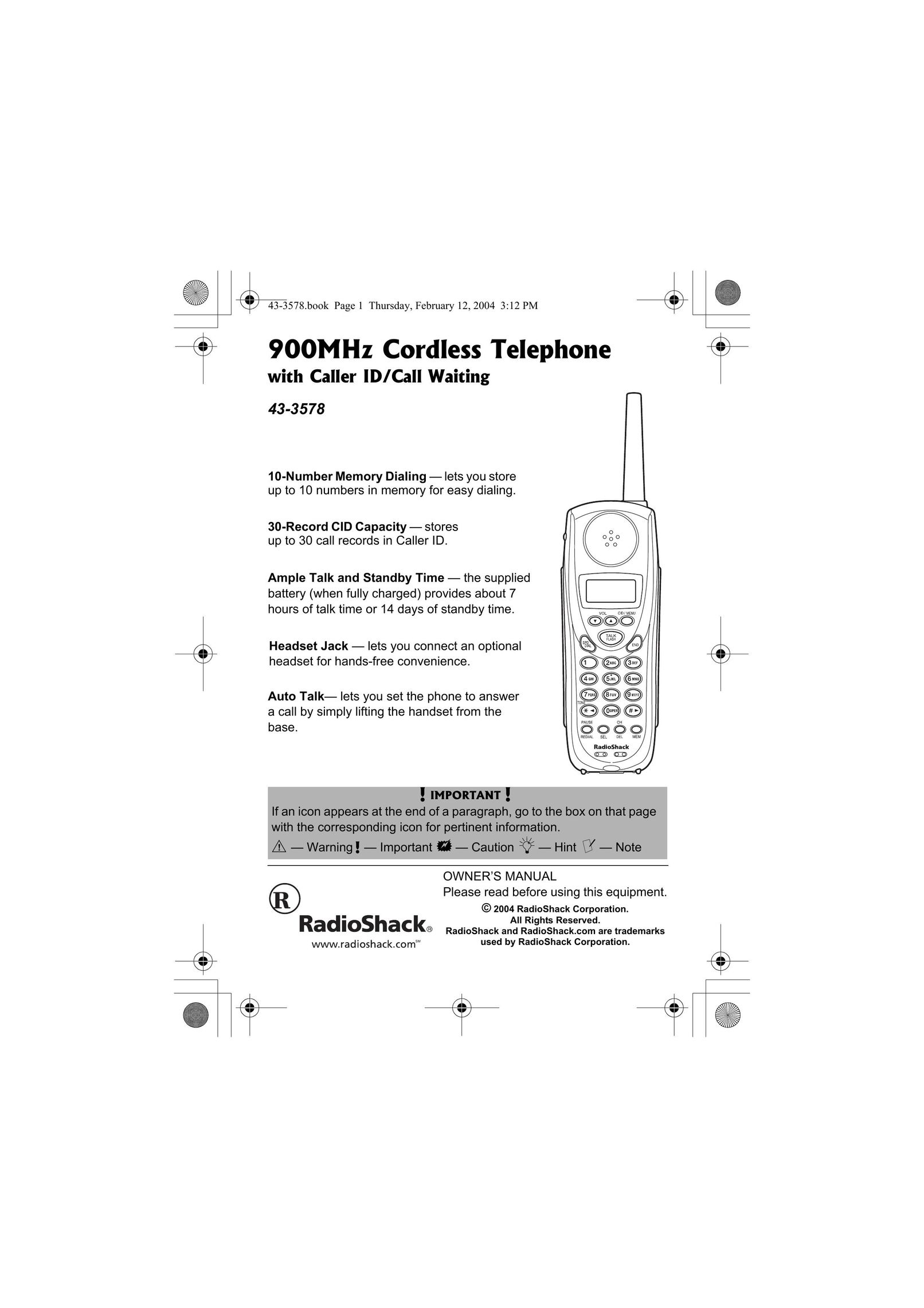 Radio Shack 43-3578 Cordless Telephone User Manual