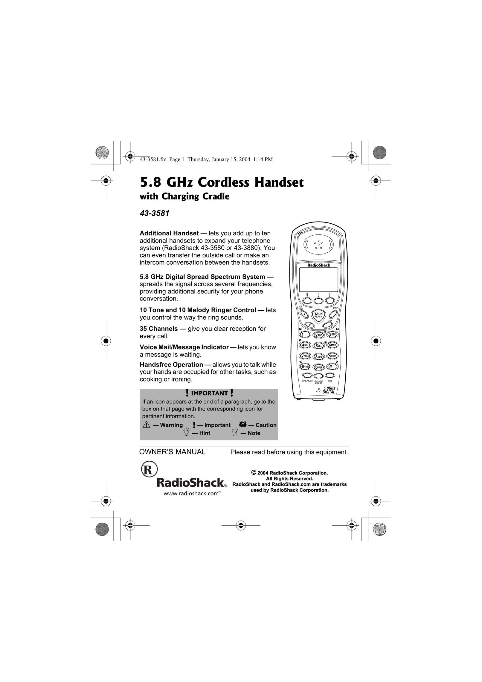 Radio Shack 43-3581 Cordless Telephone User Manual