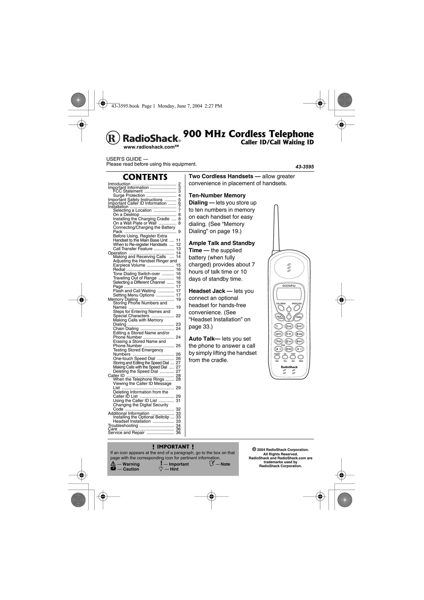 Radio Shack 43-3595 Cordless Telephone User Manual