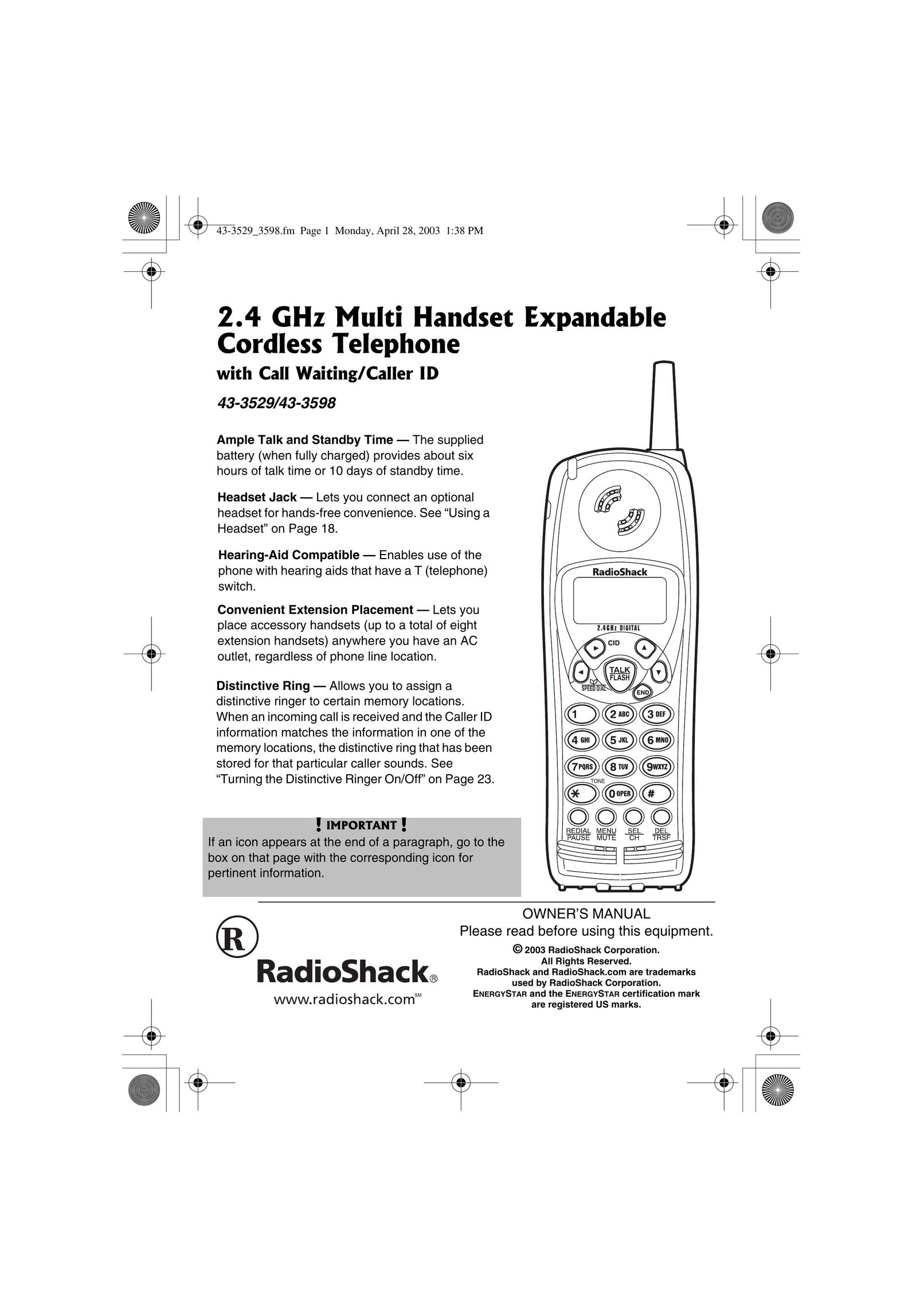 Radio Shack 43-3598 Cordless Telephone User Manual