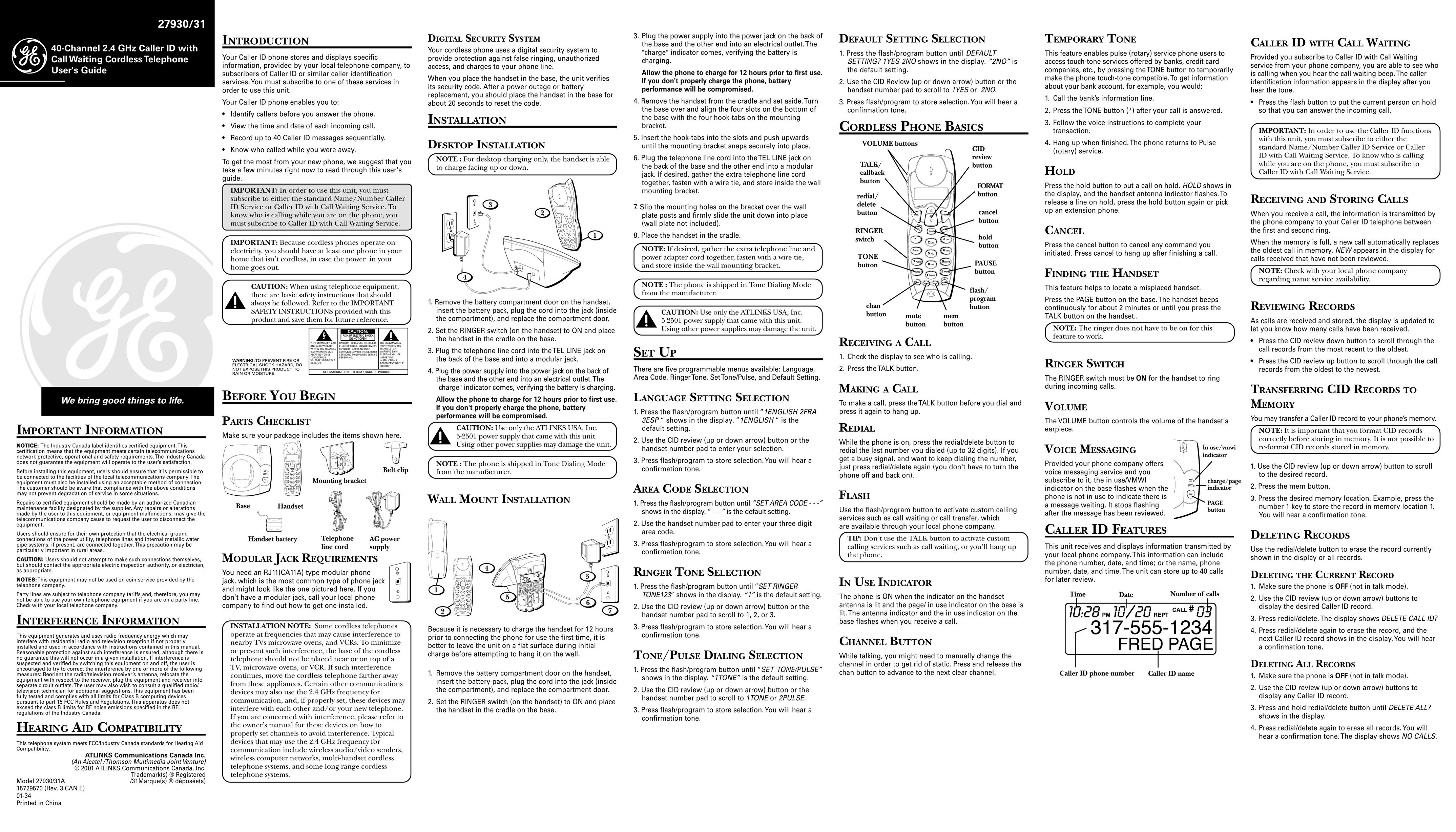 RCA 27930/31A Cordless Telephone User Manual