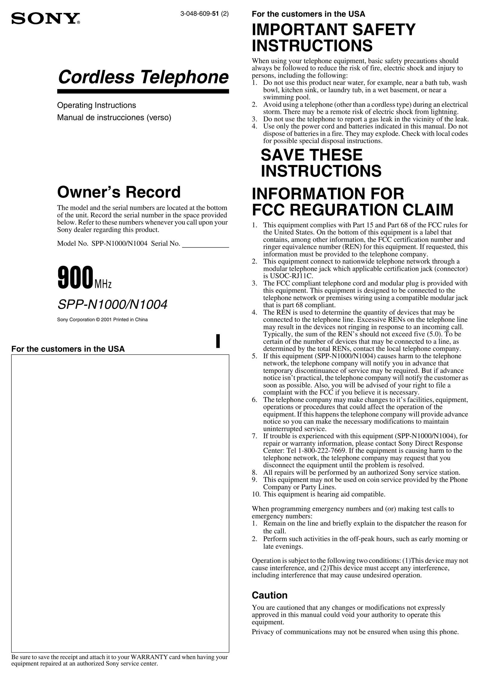 Sony SPP-N1000 Cordless Telephone User Manual