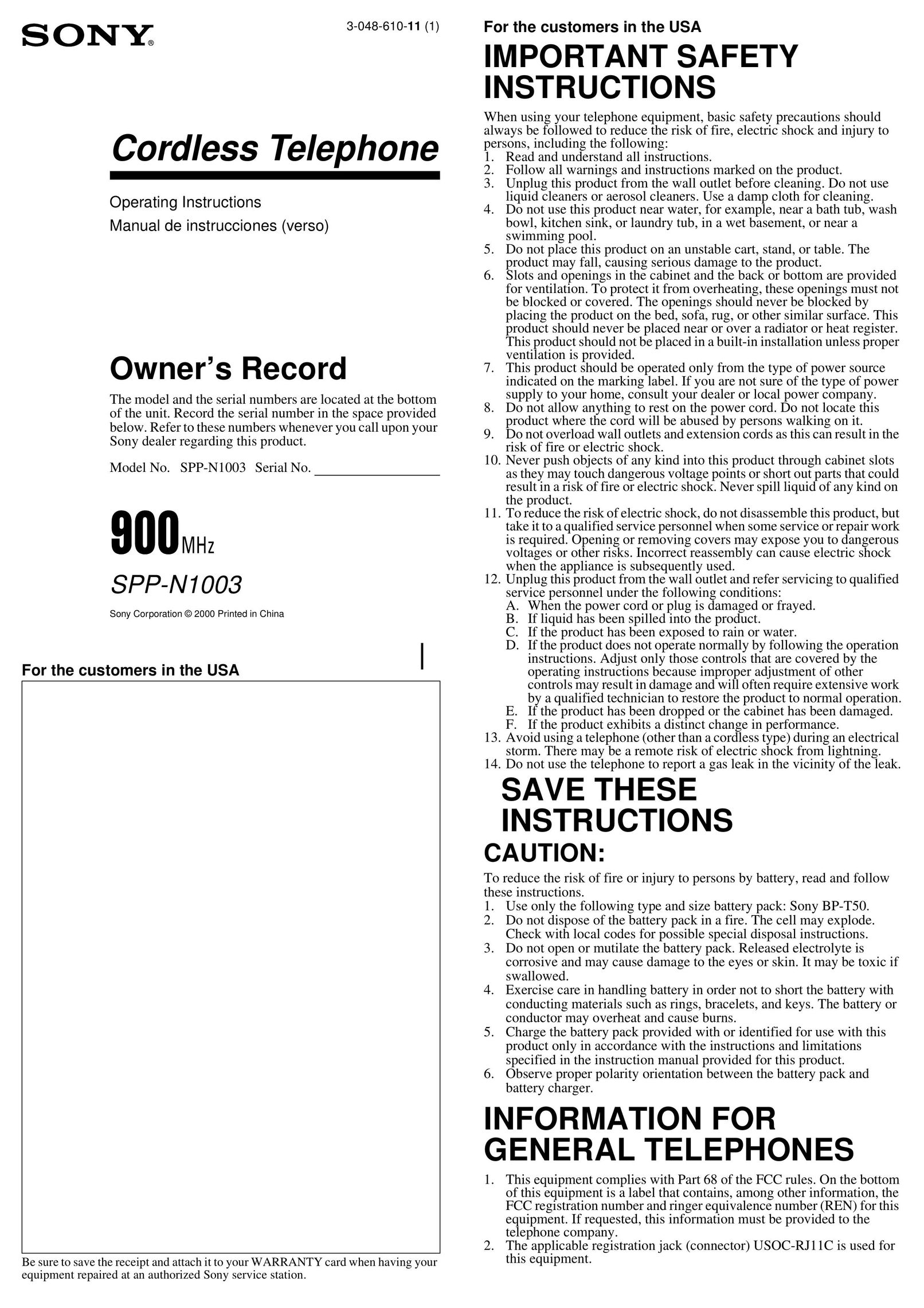 Sony SPP-N1003 Cordless Telephone User Manual