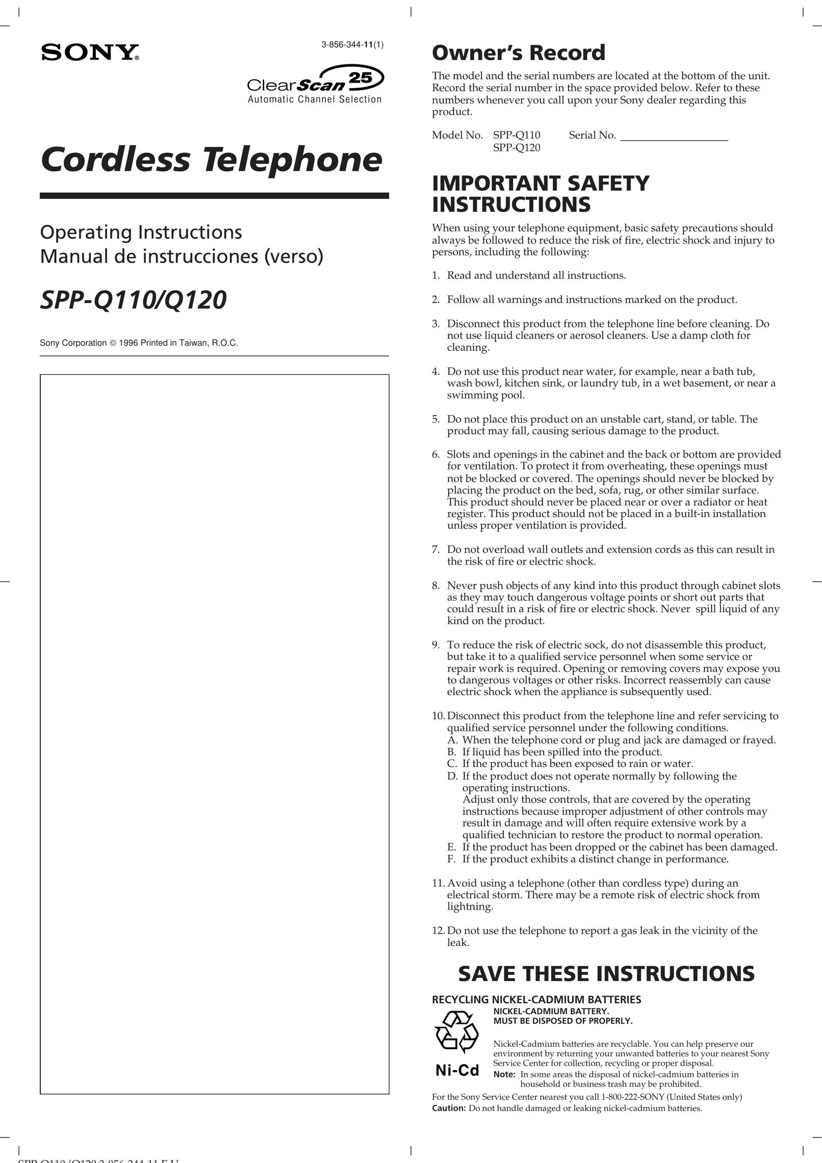 Sony SPP-Q110 Cordless Telephone User Manual
